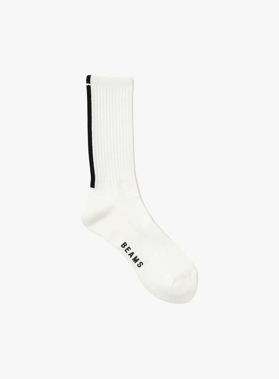 White sock with black stripe down the back and 'BEAMS' logo on the sole.