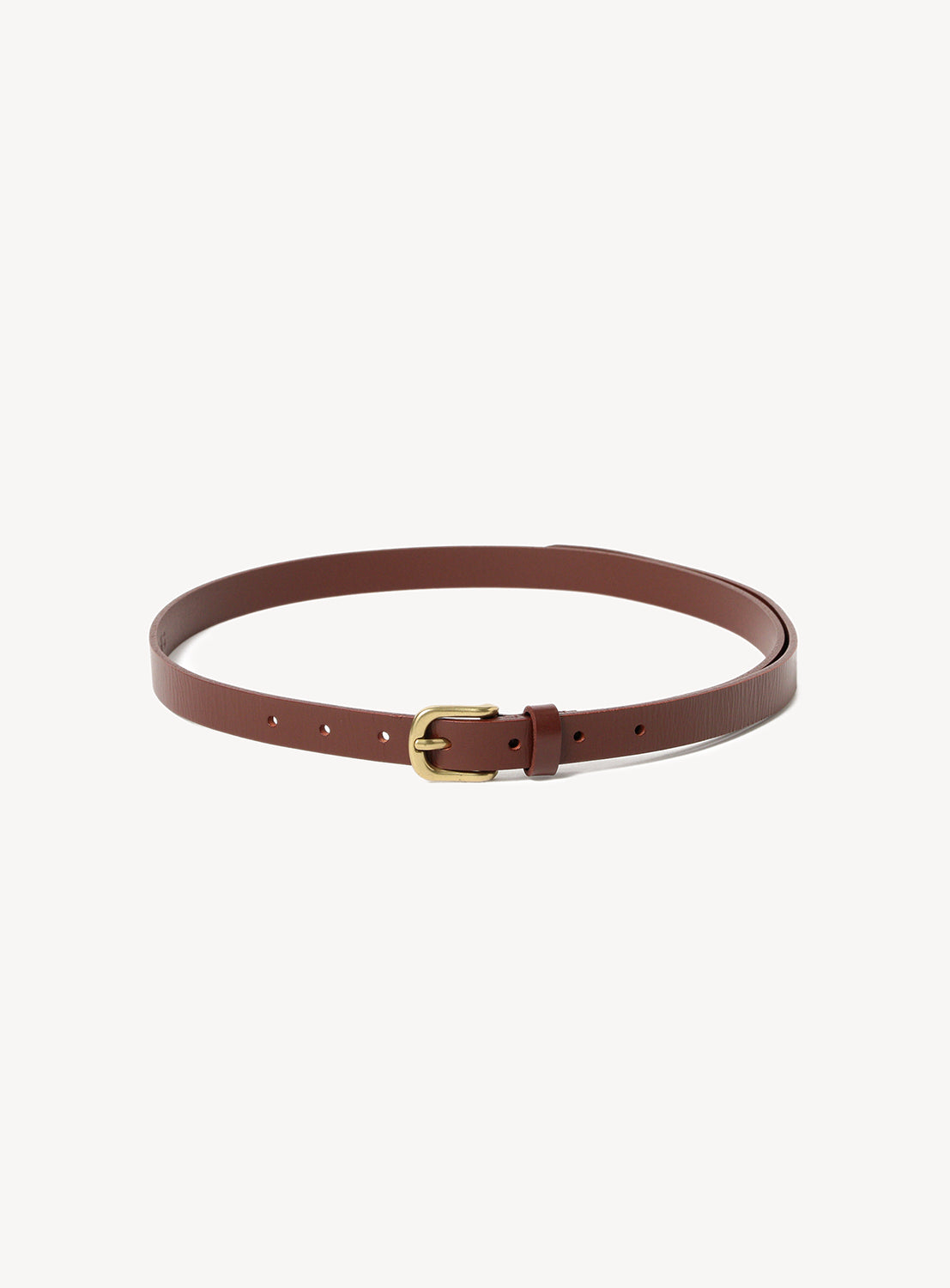 Brown leather belt with a brass buckle, laid flat in a circular shape.