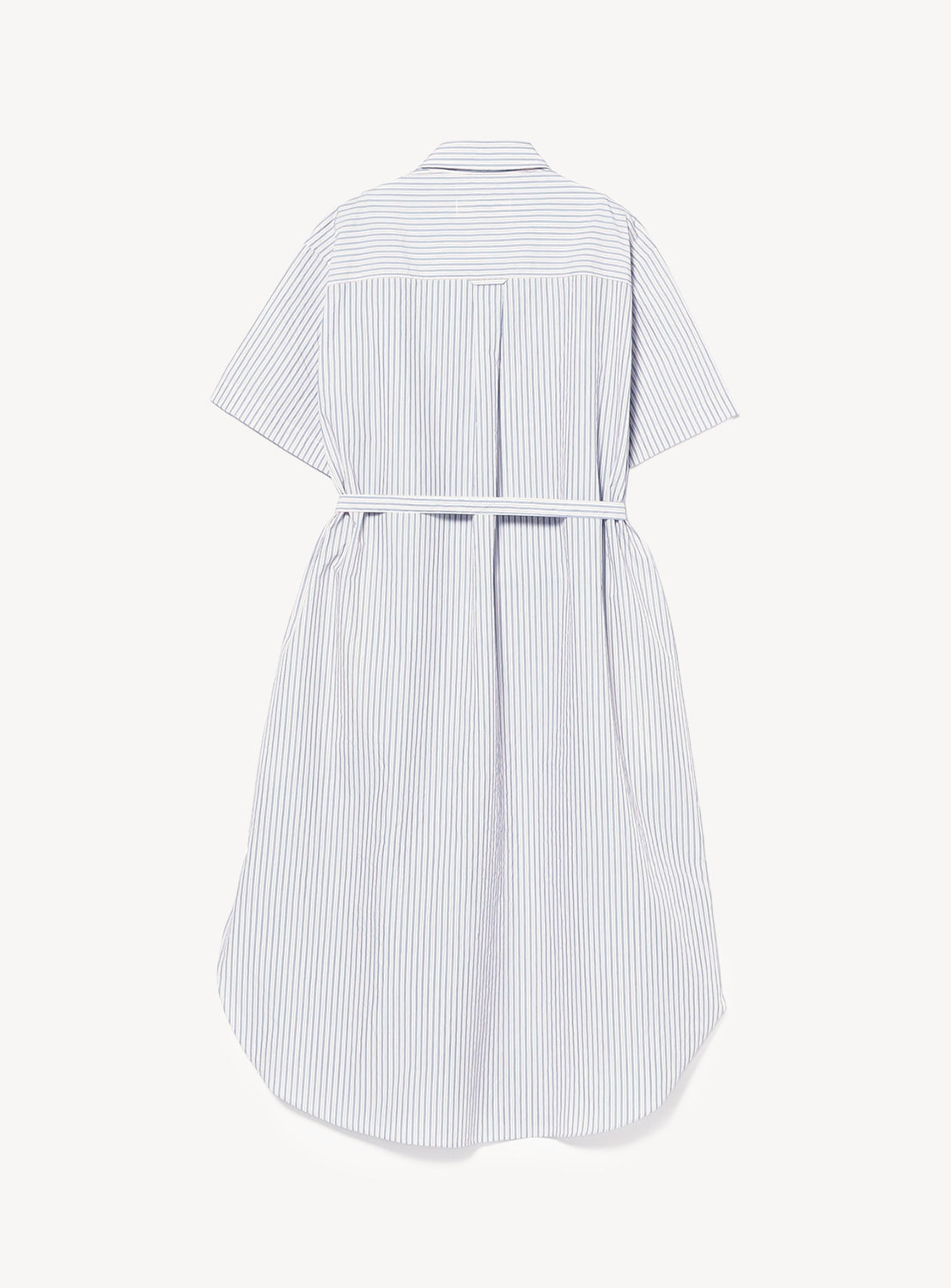 Back view of the BEAMS BOY Crinkle Stripe Short-Sleeve Dress, featuring thin blue vertical stripes on white, a matching waist belt, relaxed fit, collared neckline, and displayed against a white background.