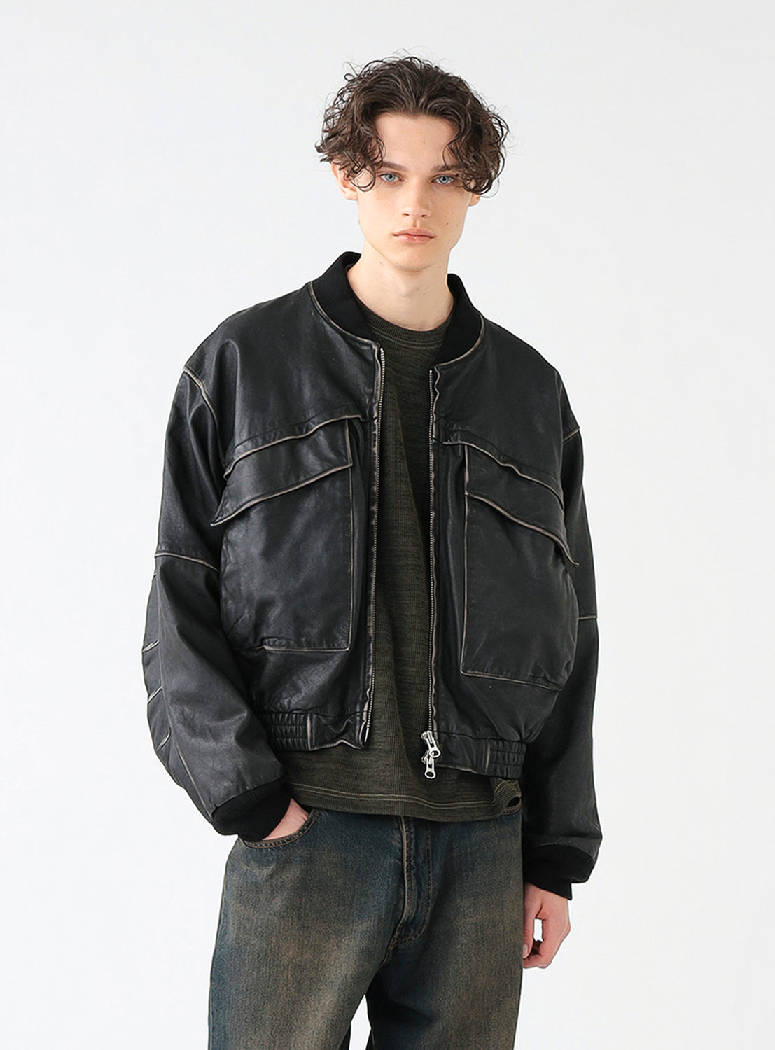 Distressed Leather Short Blouson