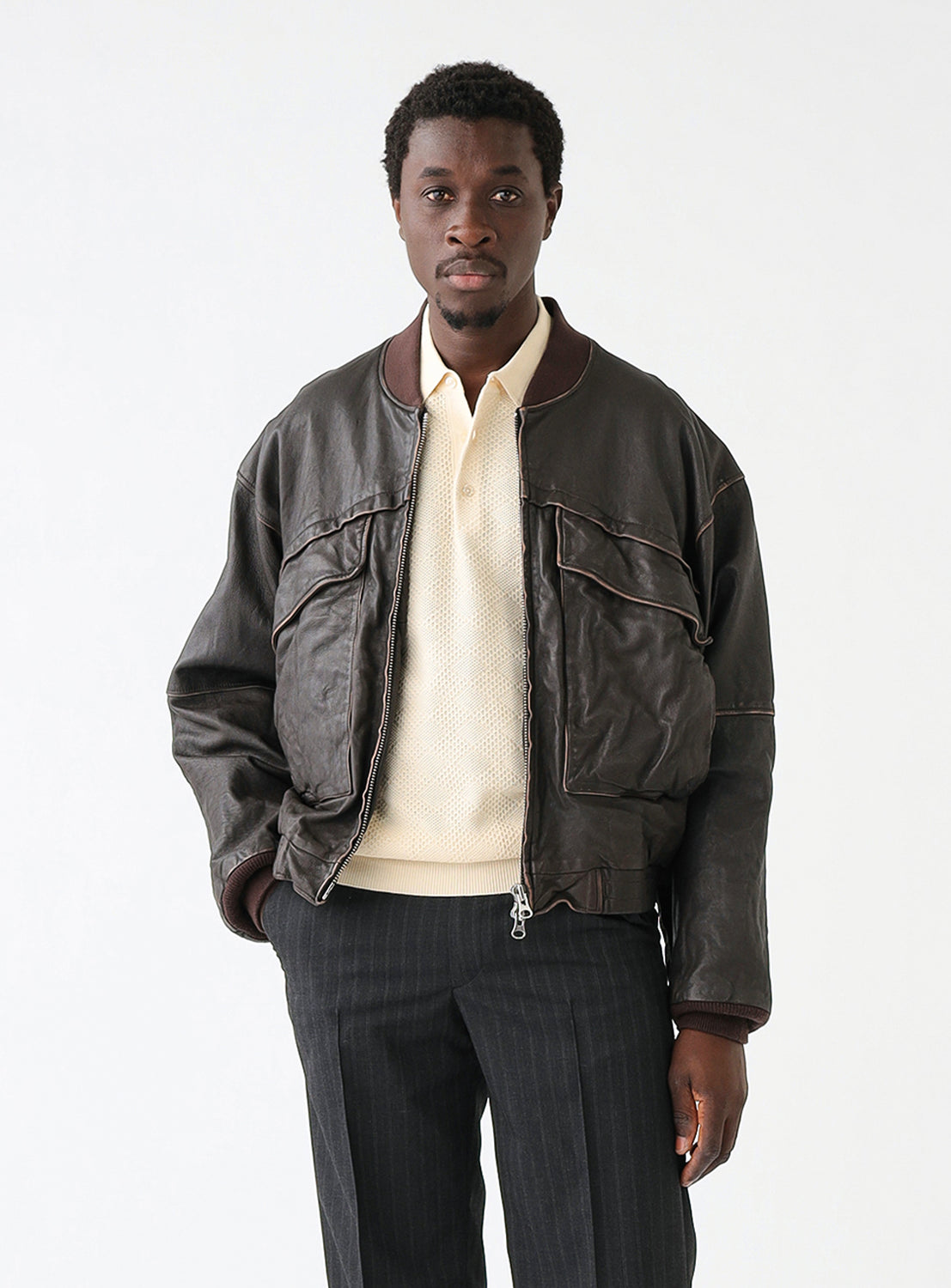 Distressed Leather Short Blouson