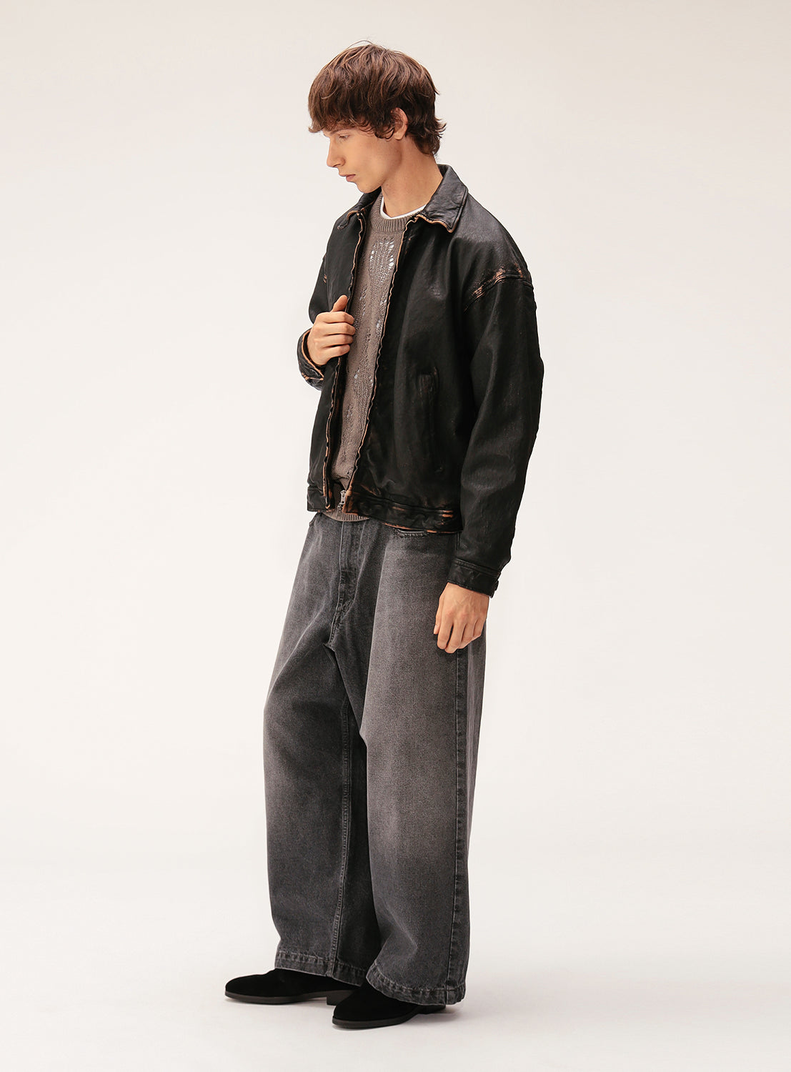 Distressed Leather Zip Jacket