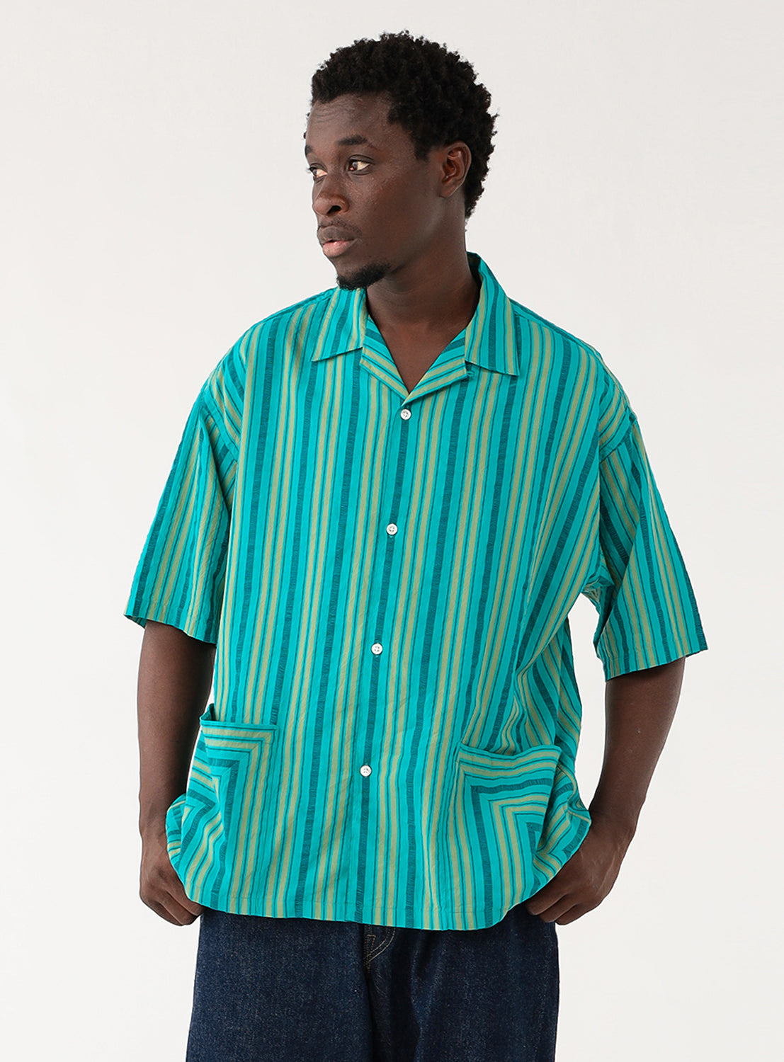 Dobby Stripe Open Collar Shirt teal BEAMS