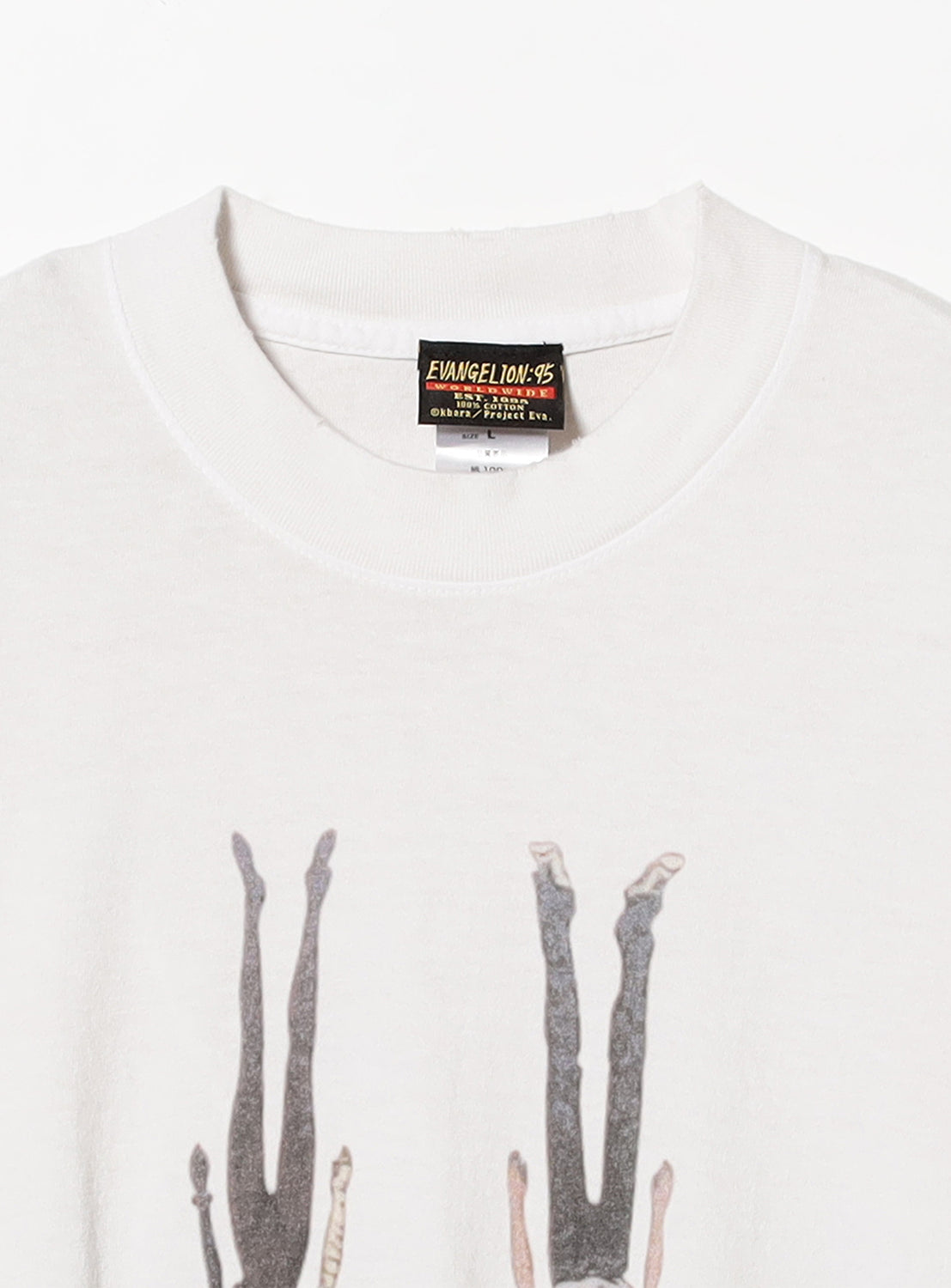 Front of a white EVANGELION:95 tee, highlighting the neckline, brand tag, and vintage damage.