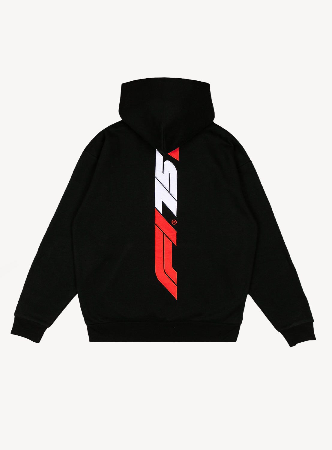 Black hoodie with a red and white F1 75 year logo.