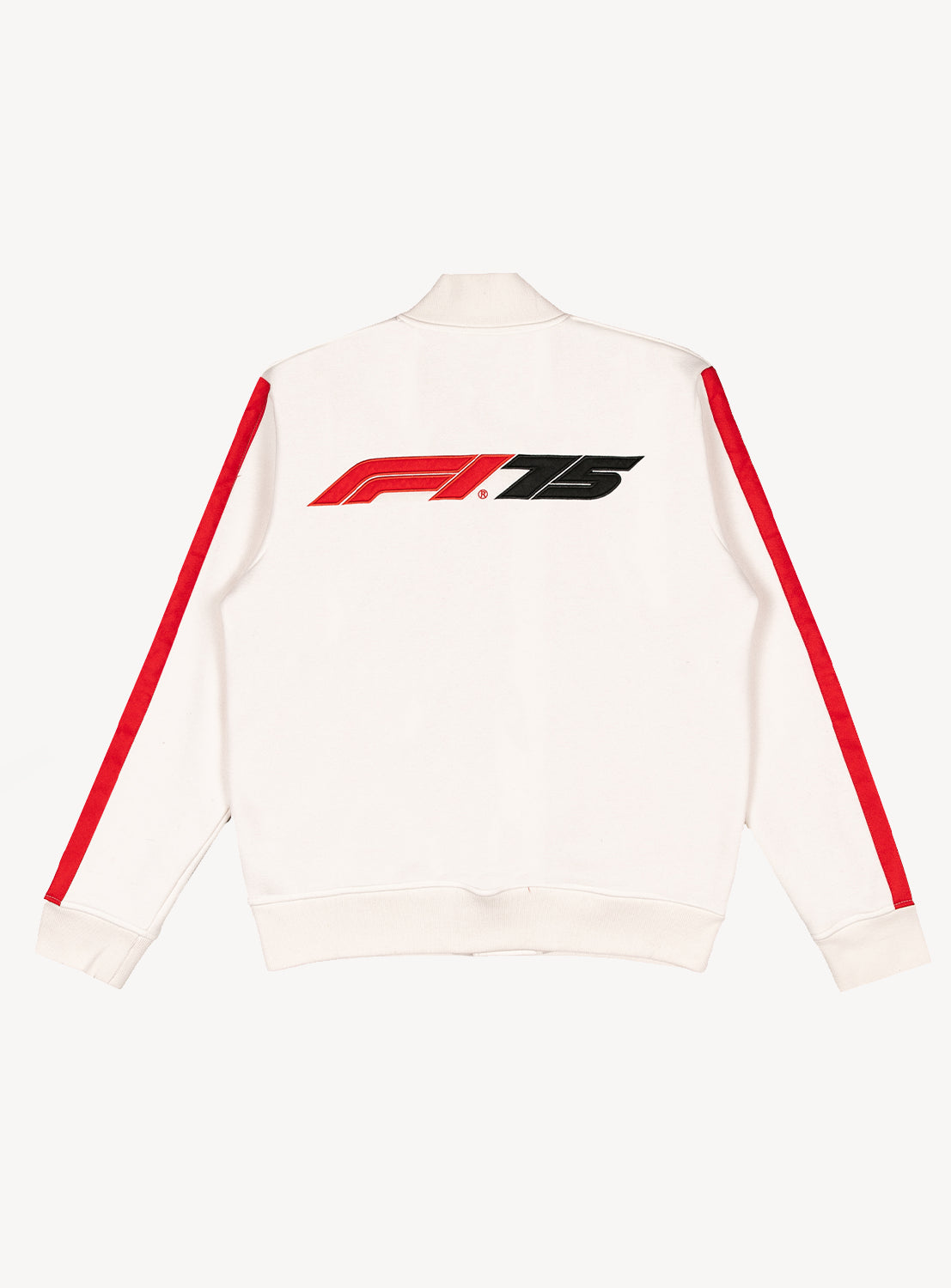 Back of a white varsity button down jacket with the F1 75 logo and red stripes going down the side of the sleeves. 