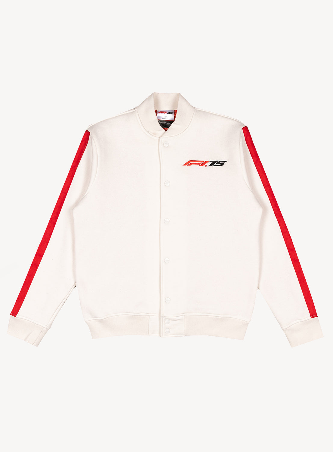 White varsity button down jacket with the F1 75 logo and red stripes going down the side of the sleeves. 