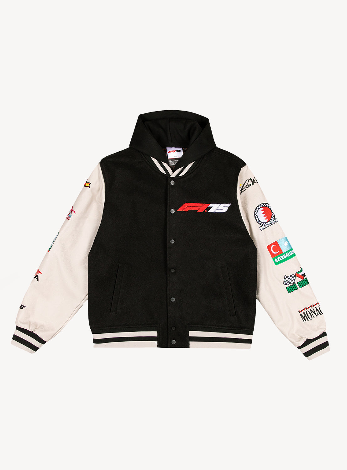 Black button down varsity hooded jacket with white sleeves and racing locations going down the sleeves and the F1 75 logo on the chest. 