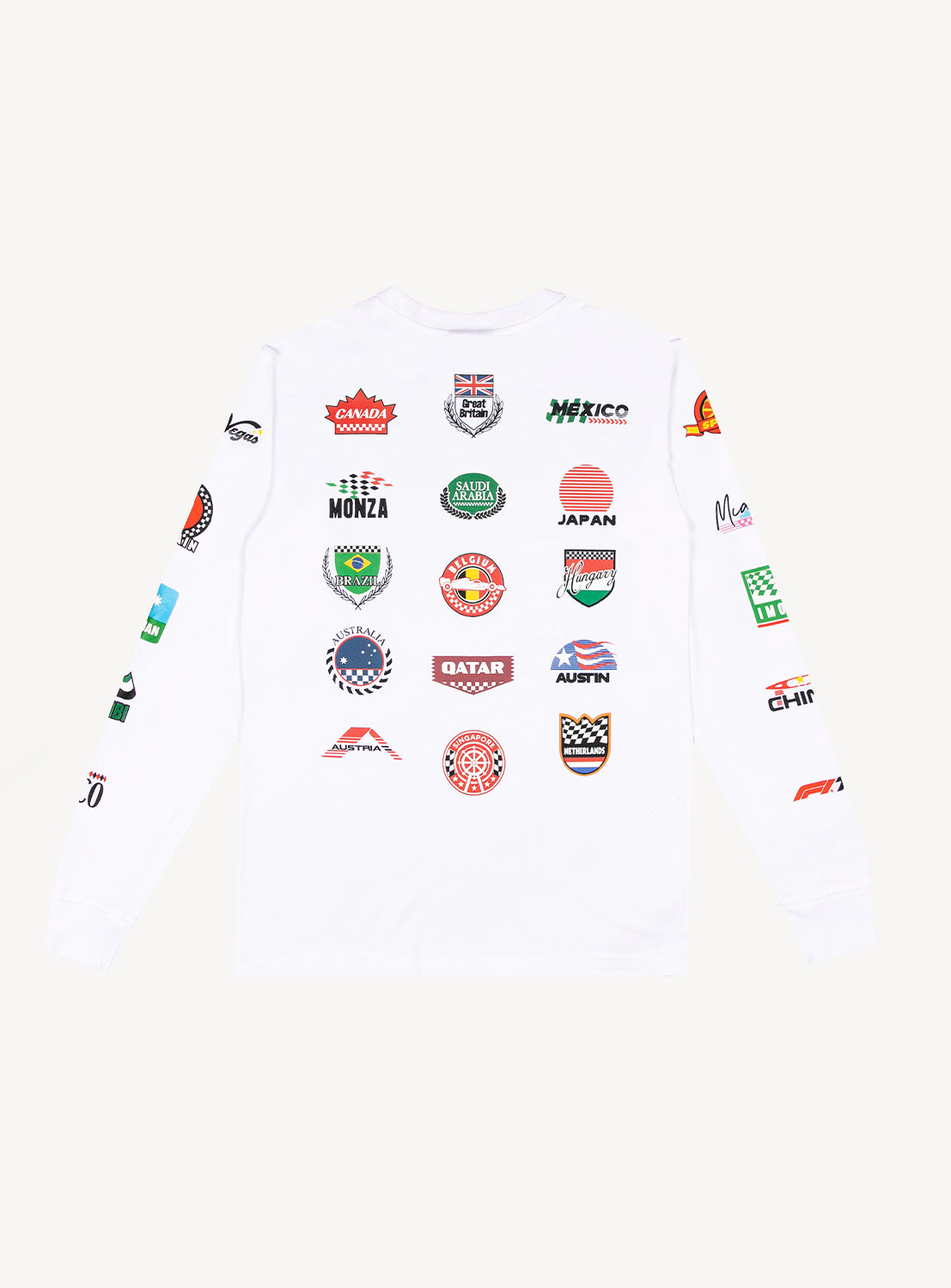 Back of white long sleeve F1 shirt with the different race locations going down the sleeves and all over the back. 