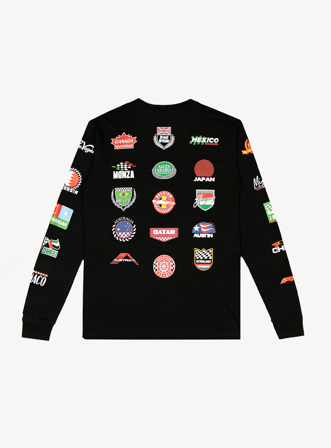 Back of a black long sleeve shirt showcasing different locations where F1 races take place. 