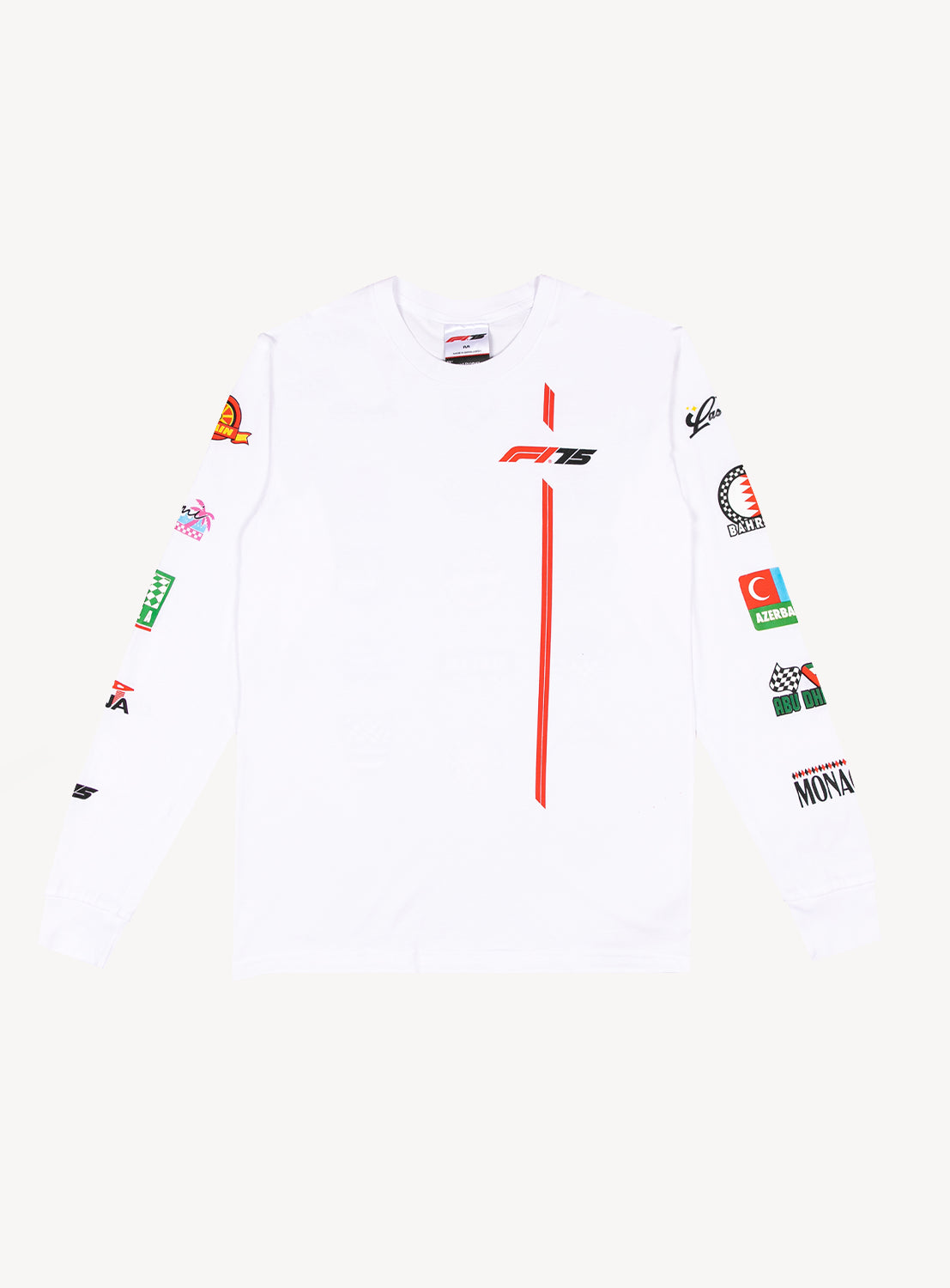 White long sleeve F1 shirt with the different race locations going down the sleeves and the F1 logo on the front. 