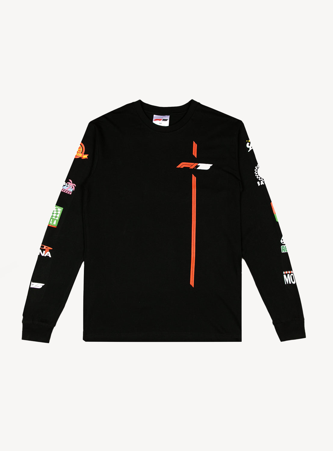 Front of a black long sleeve shirt showcasing different locations where F1 races take place on the sleeves and the F1 75 year logo on the front. 