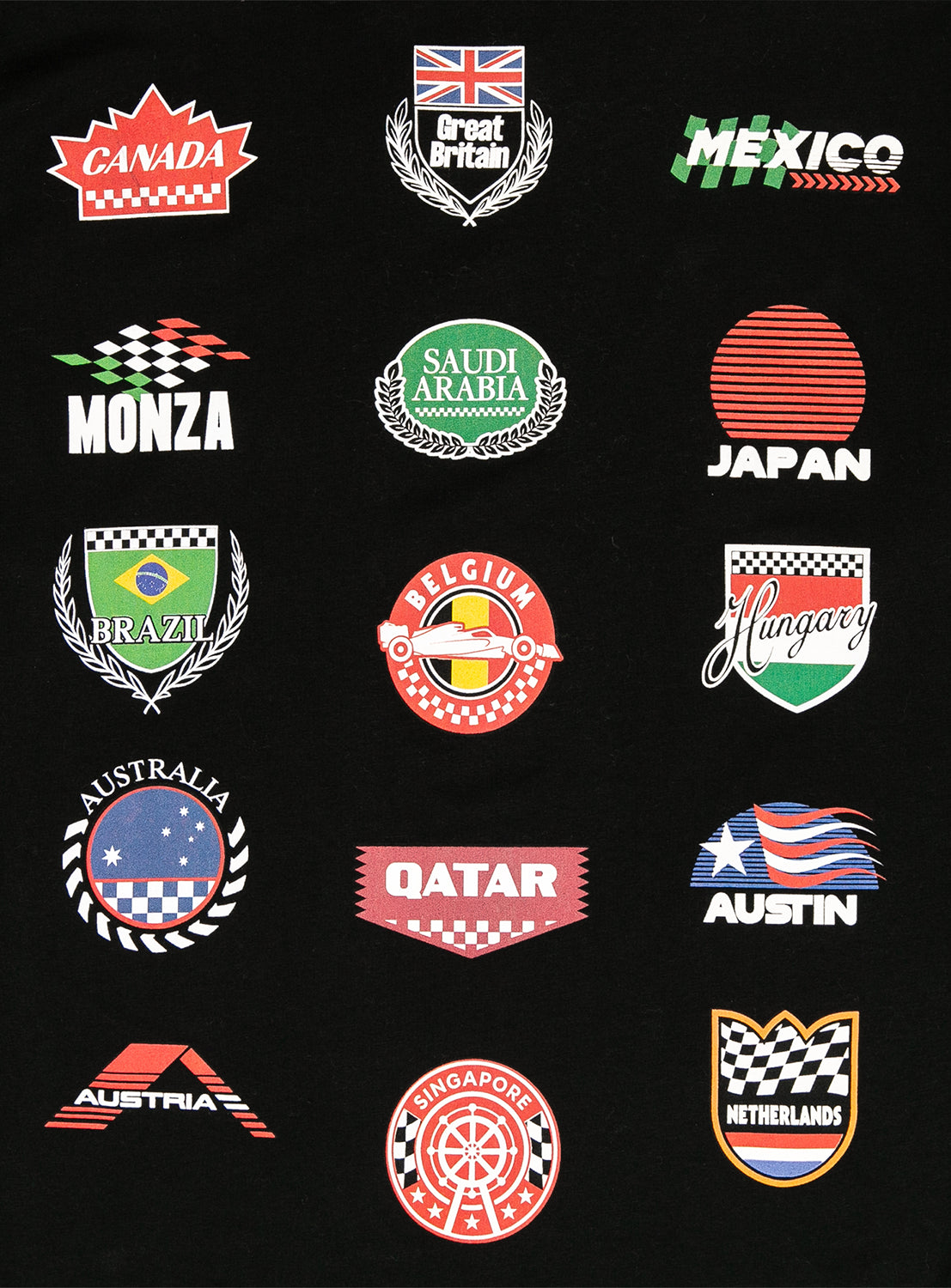 Collection of international racing circuit logos on a black long sleeve shirt. 