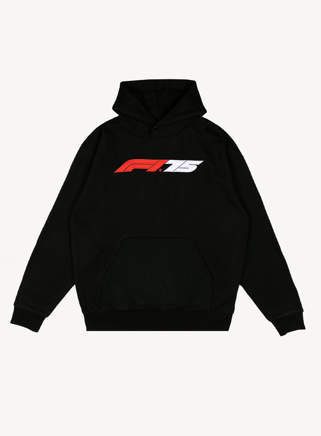 Black hoodie with a red and white F1 75 year logo.