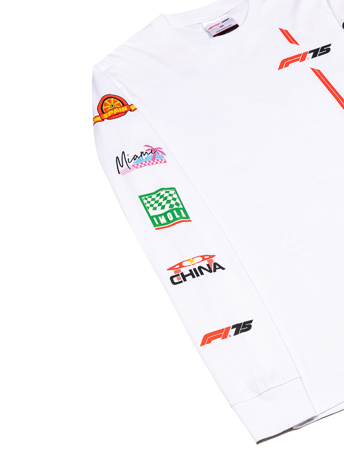 Collection of logos on a sleeve representing various countries where F1 races take place. 