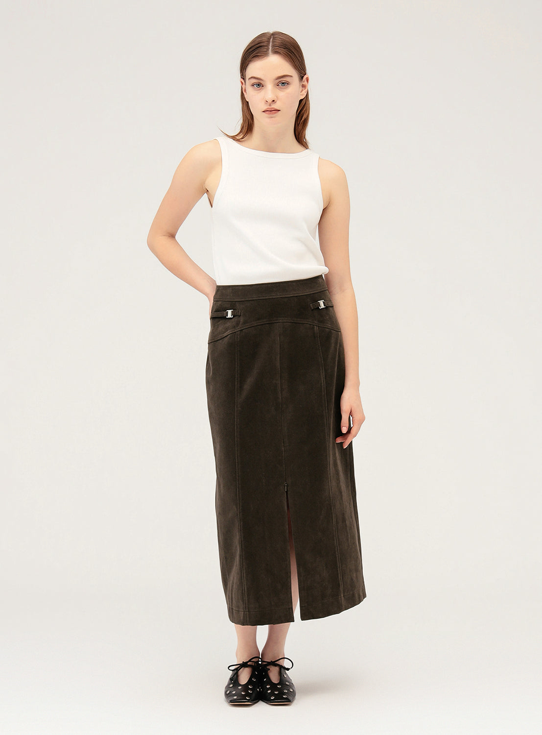 Faux Suede Zip Slit Skirt