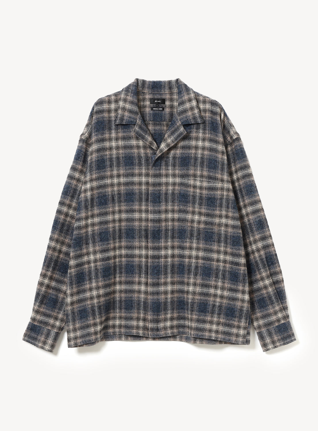 BEAMS Flannel Zip Open Collar Shirt in a blue and cream check pattern with a zippered open collar.