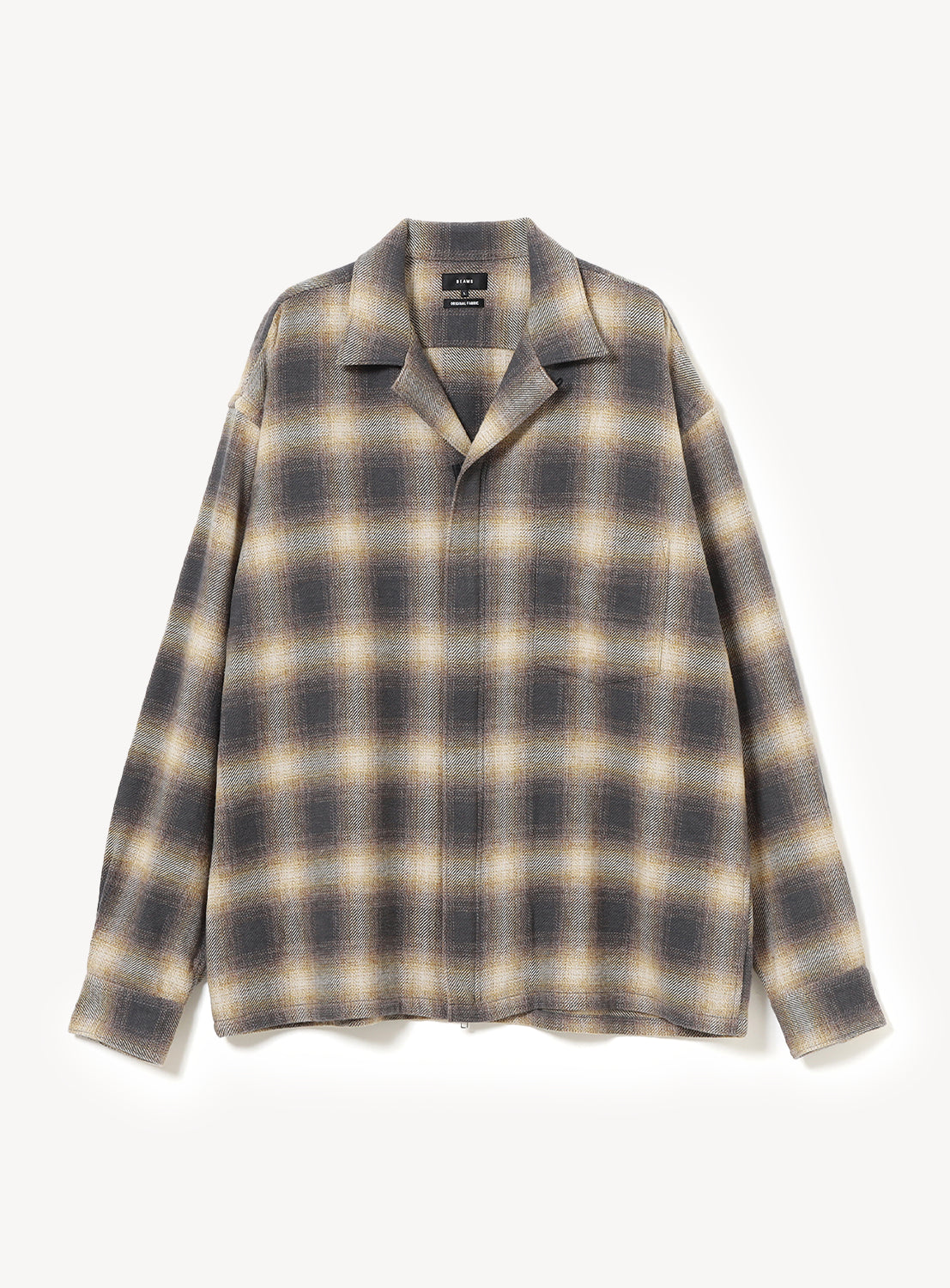 BEAMS Flannel Zip Open Collar Shirt in a tan and charcoal check pattern, featuring an open-collar design and a zip-front closure that serves as a lightweight outer layer.