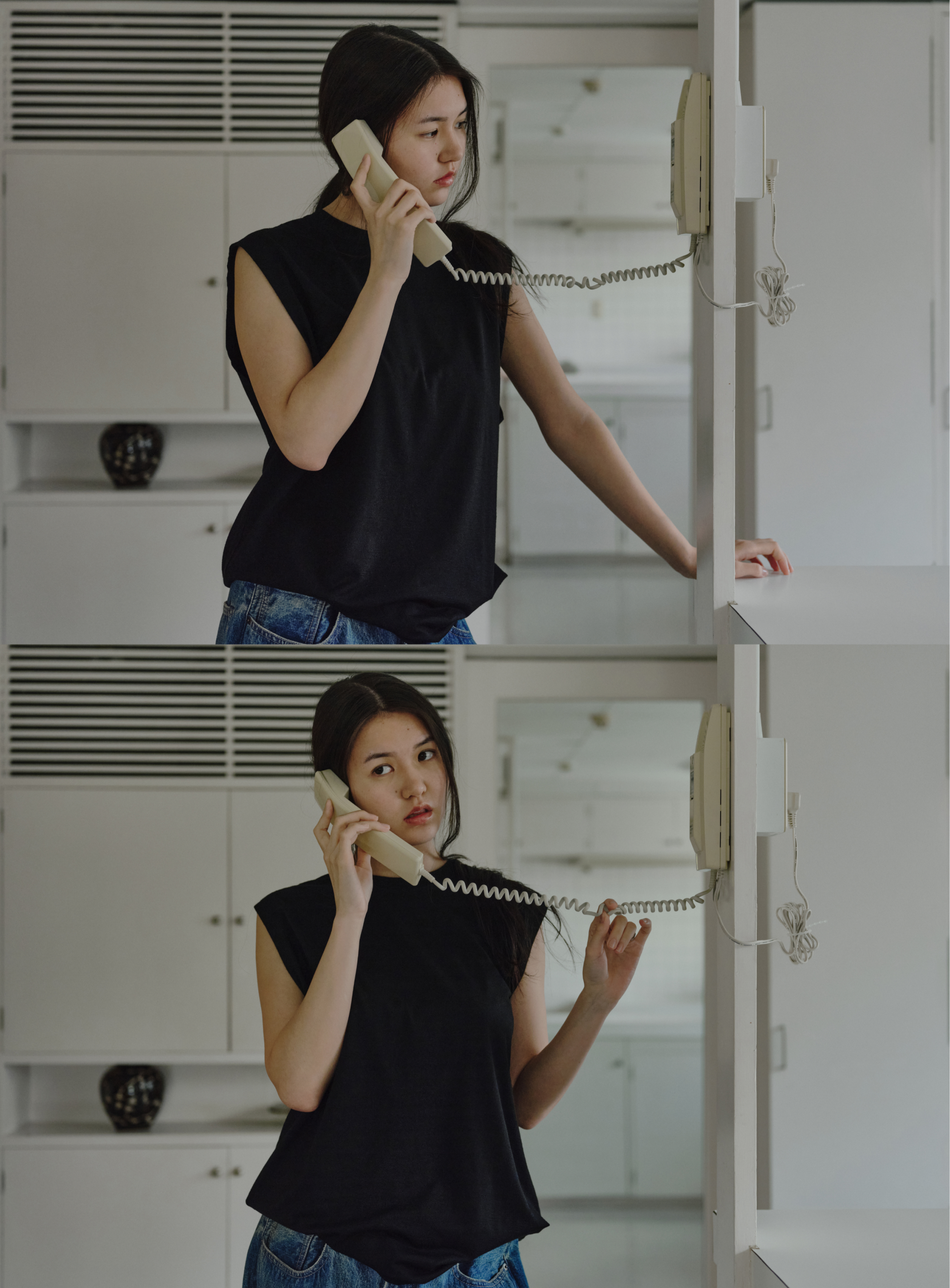 A young woman wears the BEAMS A - Washable Merino Wool Sleeveless Top and jeans in two indoor scenes, talking on a corded wall phone. She appears concerned in one image and attentive in the other.