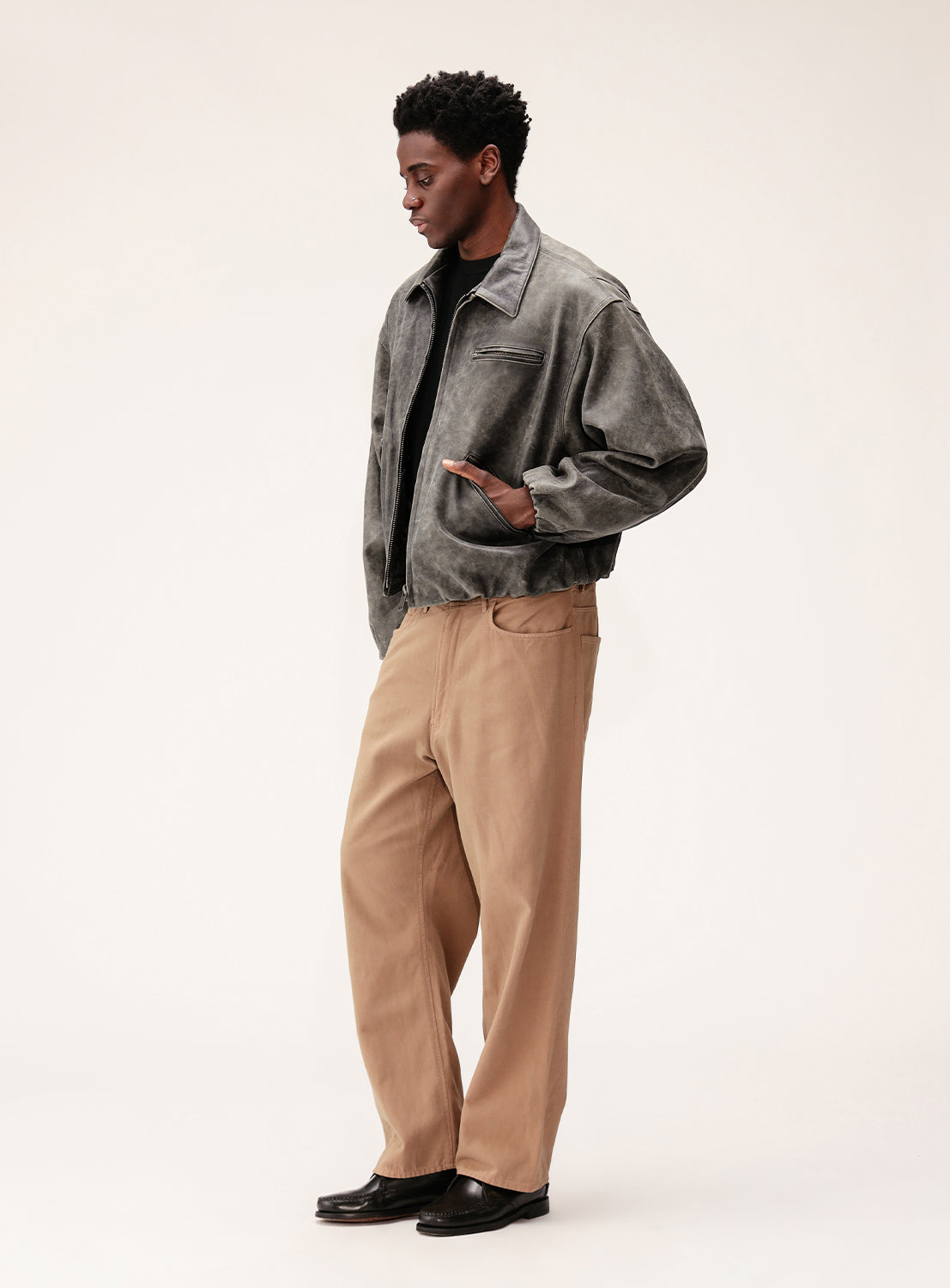 Goat Leather Wide Short Fit Zip Jacket