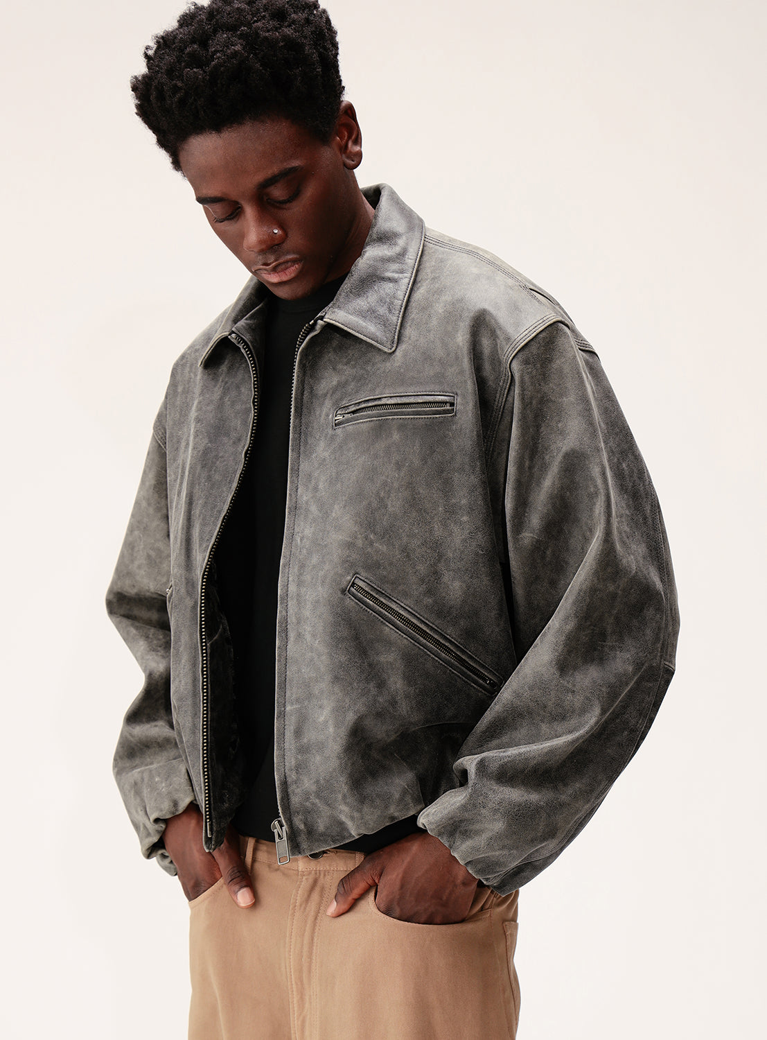 Goat Leather Wide Short Fit Zip Jacket
