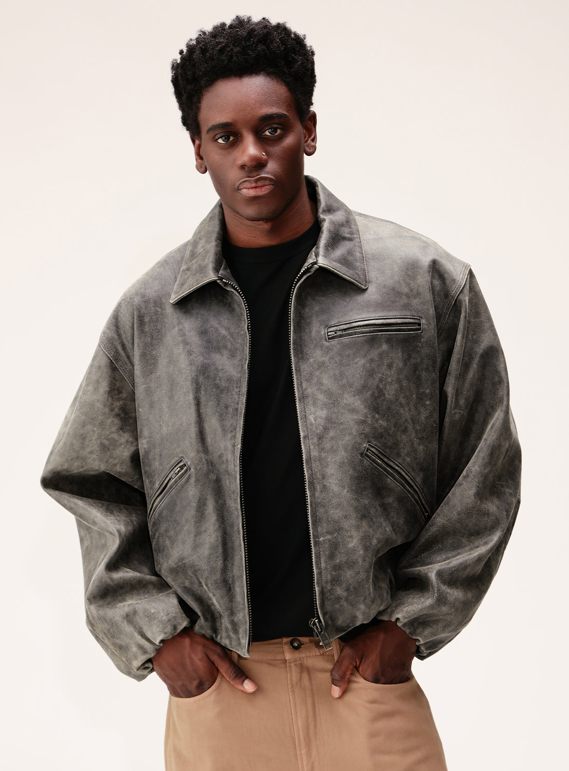 Goat Leather Wide Short Fit Zip Jacket