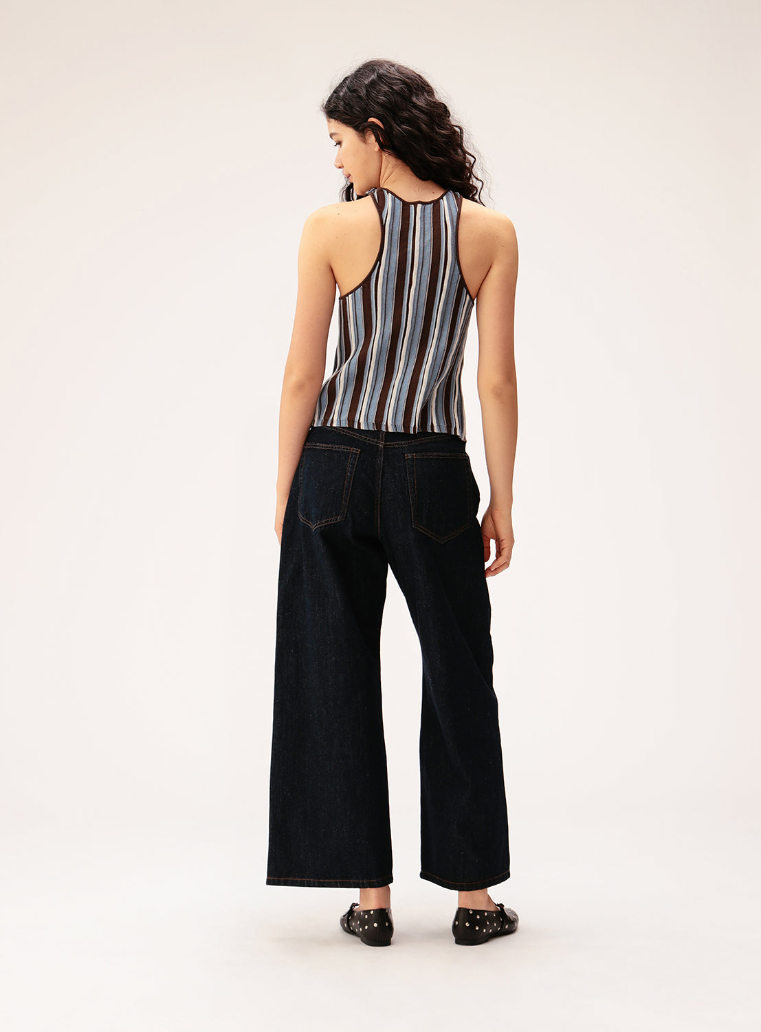 Back view of a Ray BEAMS multi-stripe knit camisole with a textured racerback.