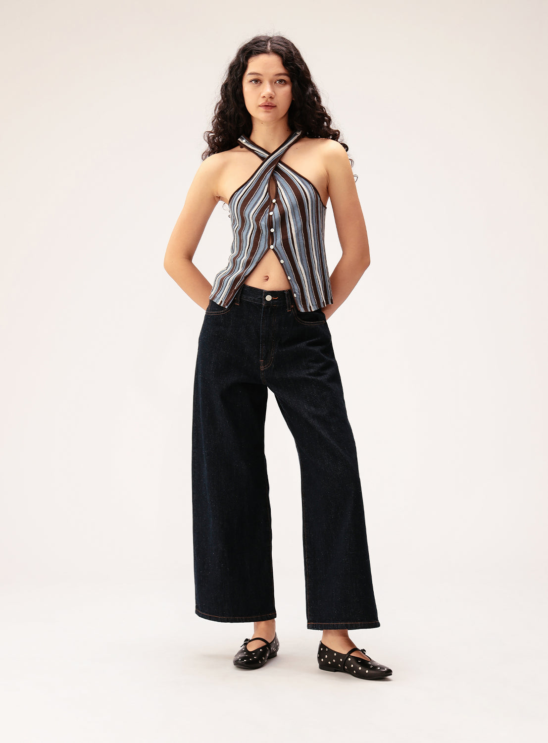 Ray BEAMS multi-stripe knit camisole with halter neck and button-front.