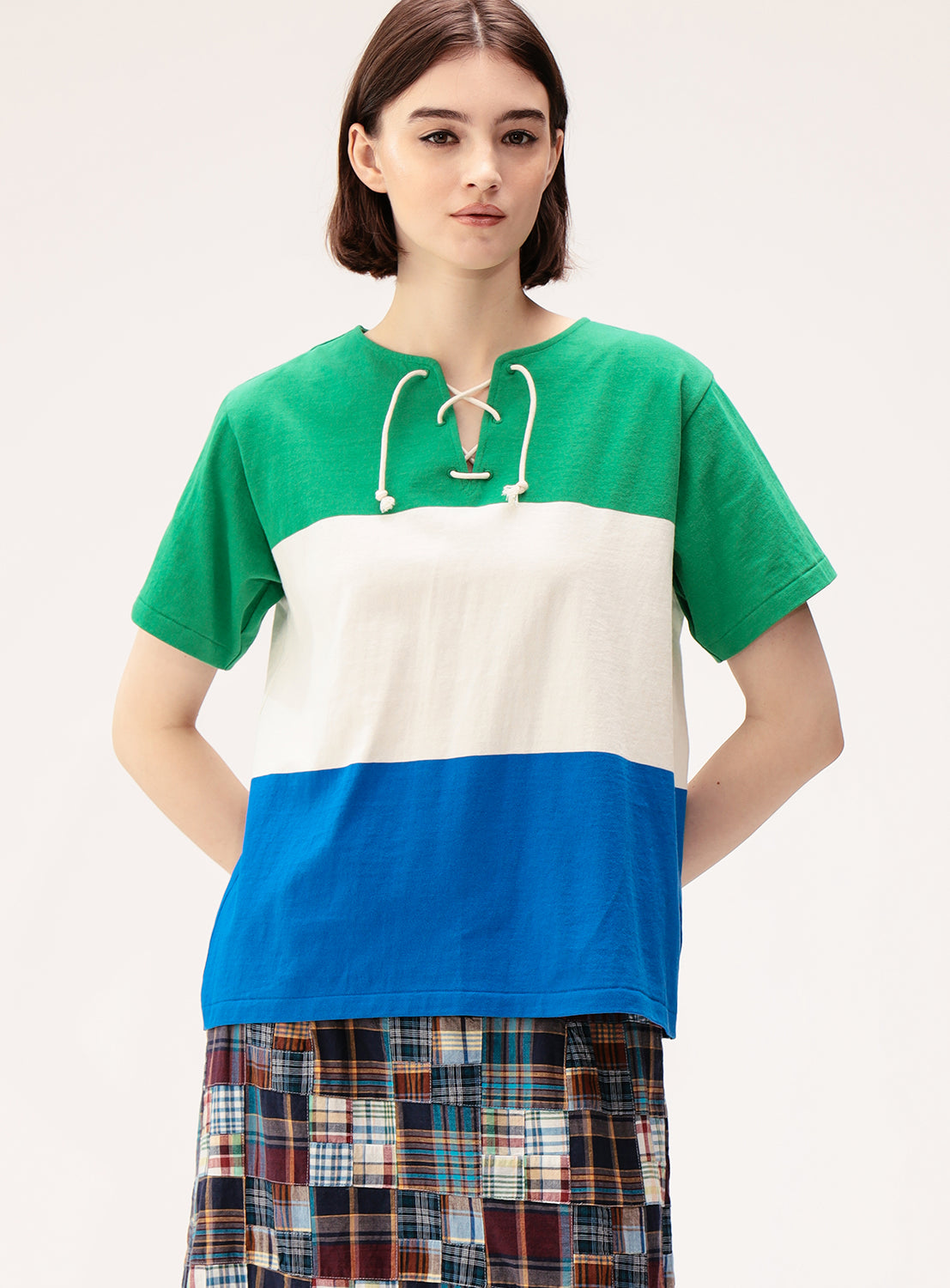 Wide Border Lace-Up Short Sleeve Top