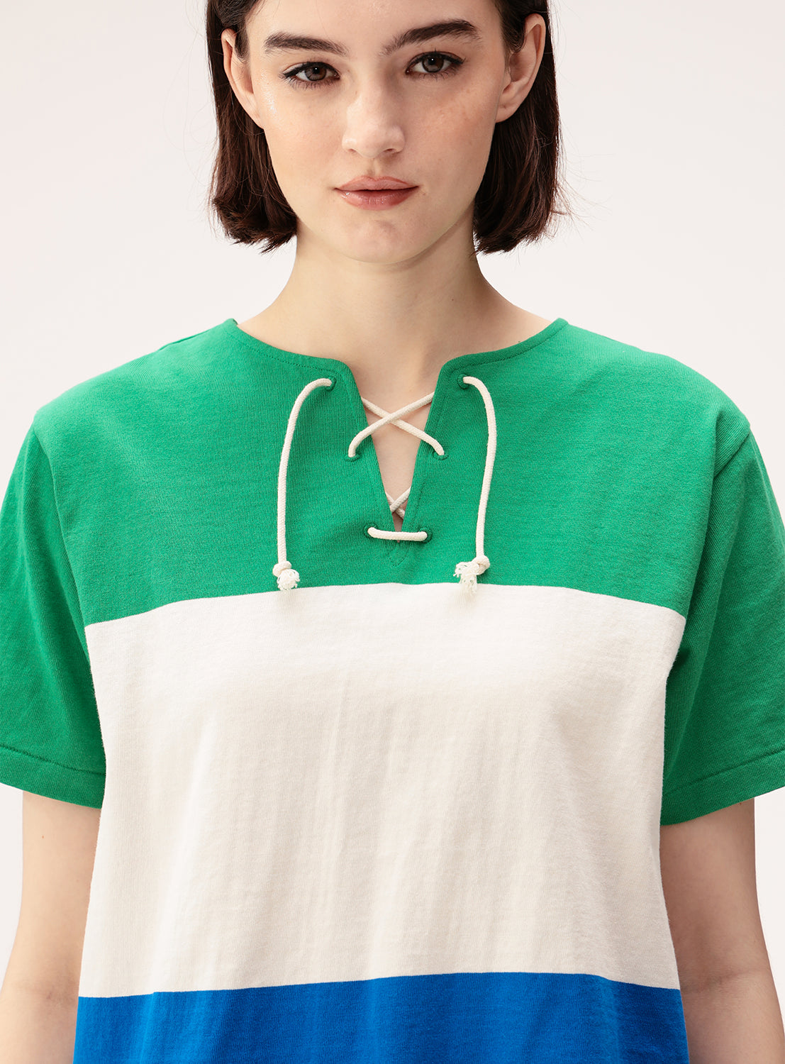 Wide Border Lace-Up Short Sleeve Top