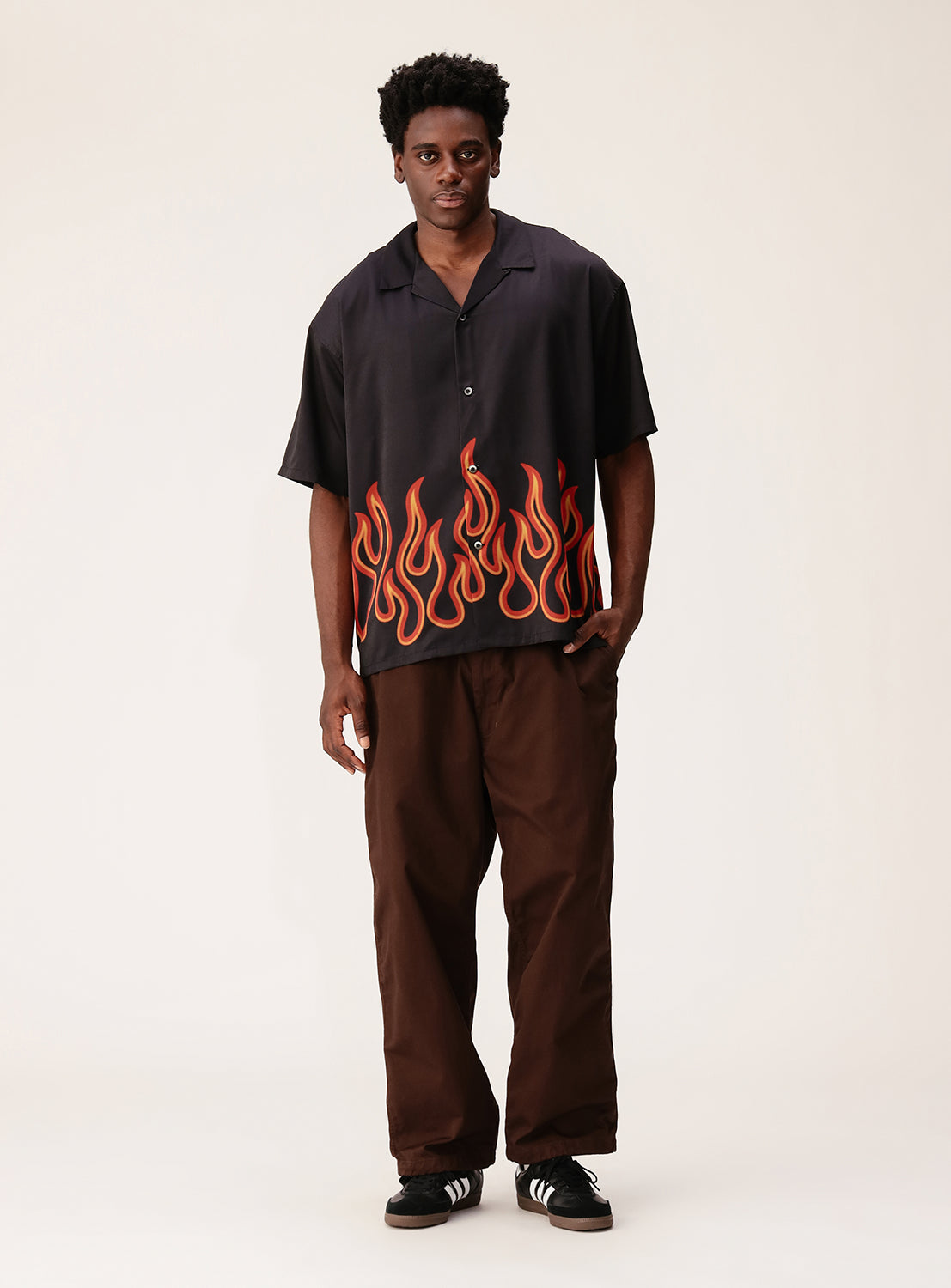 Flame Print Relaxed Fit Open Collar Shirt