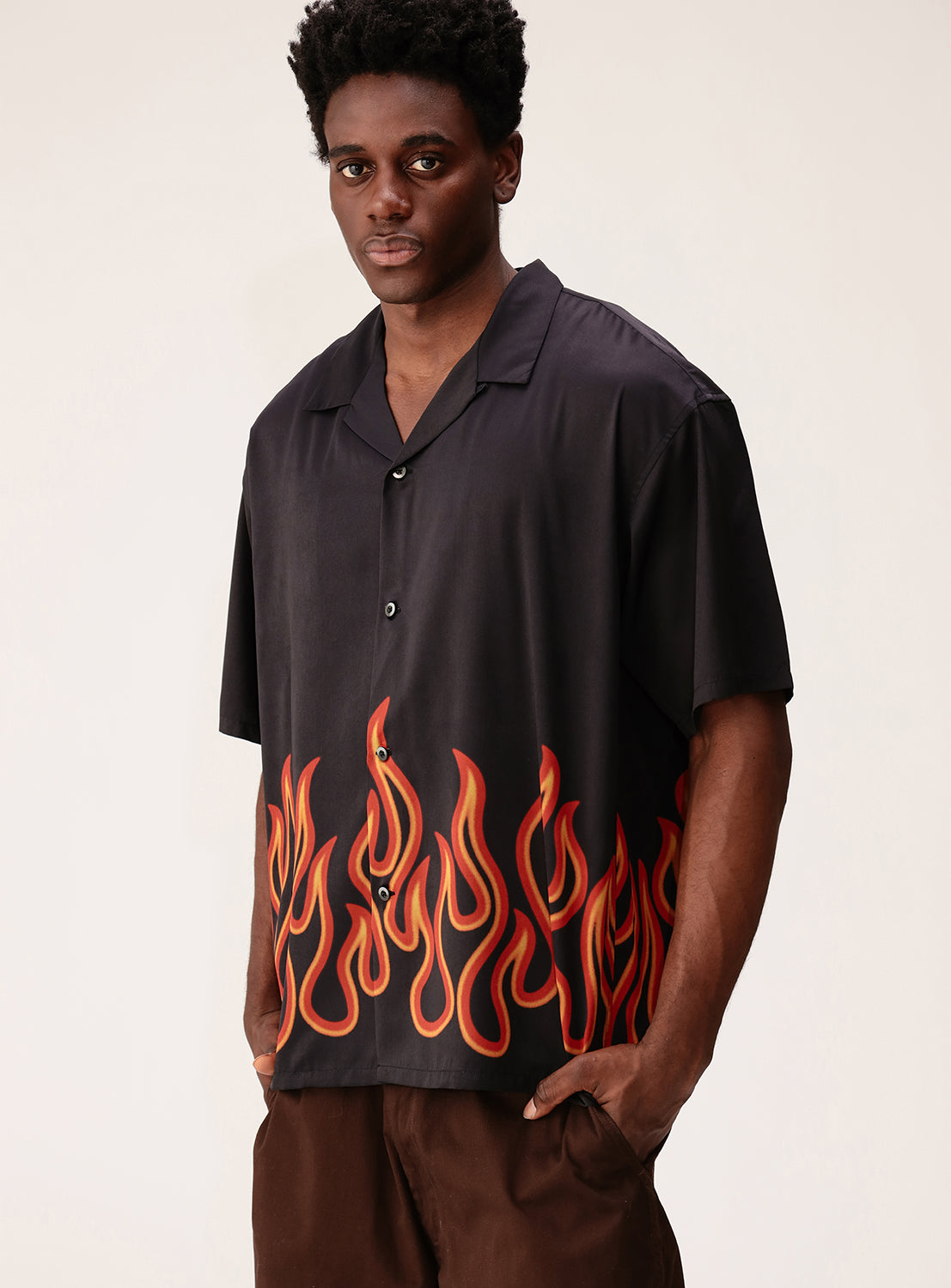 Flame Print Relaxed Fit Open Collar Shirt