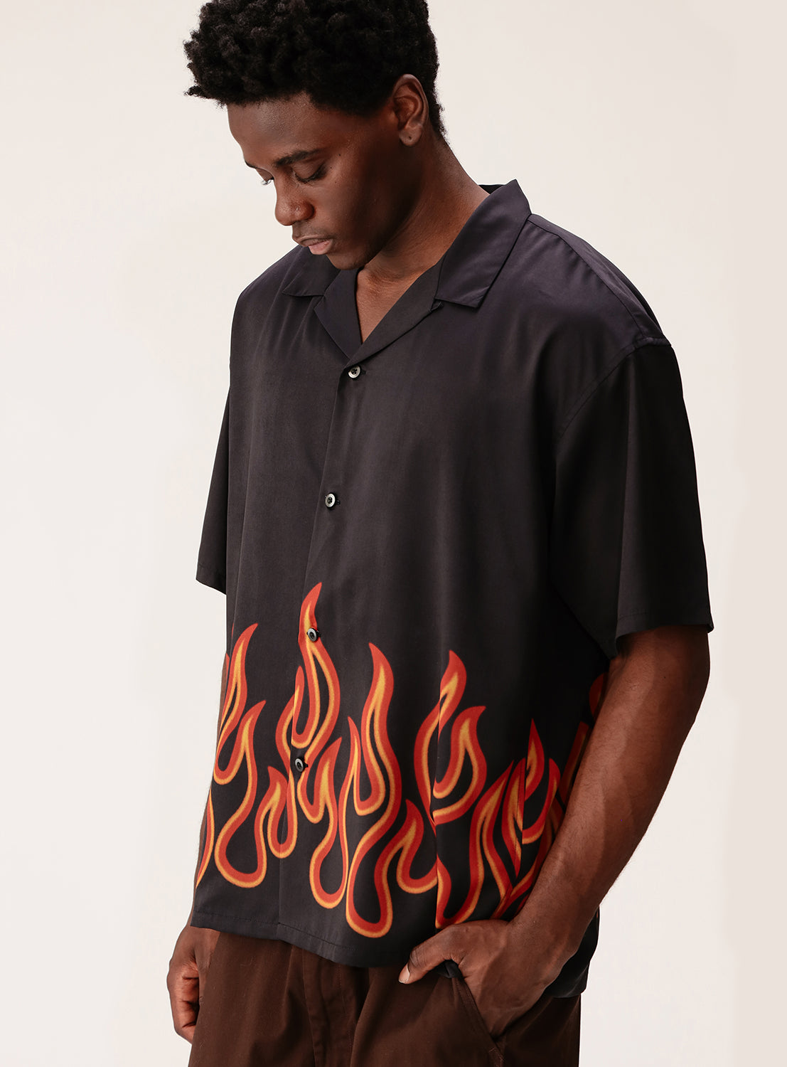 Flame Print Relaxed Fit Open Collar Shirt