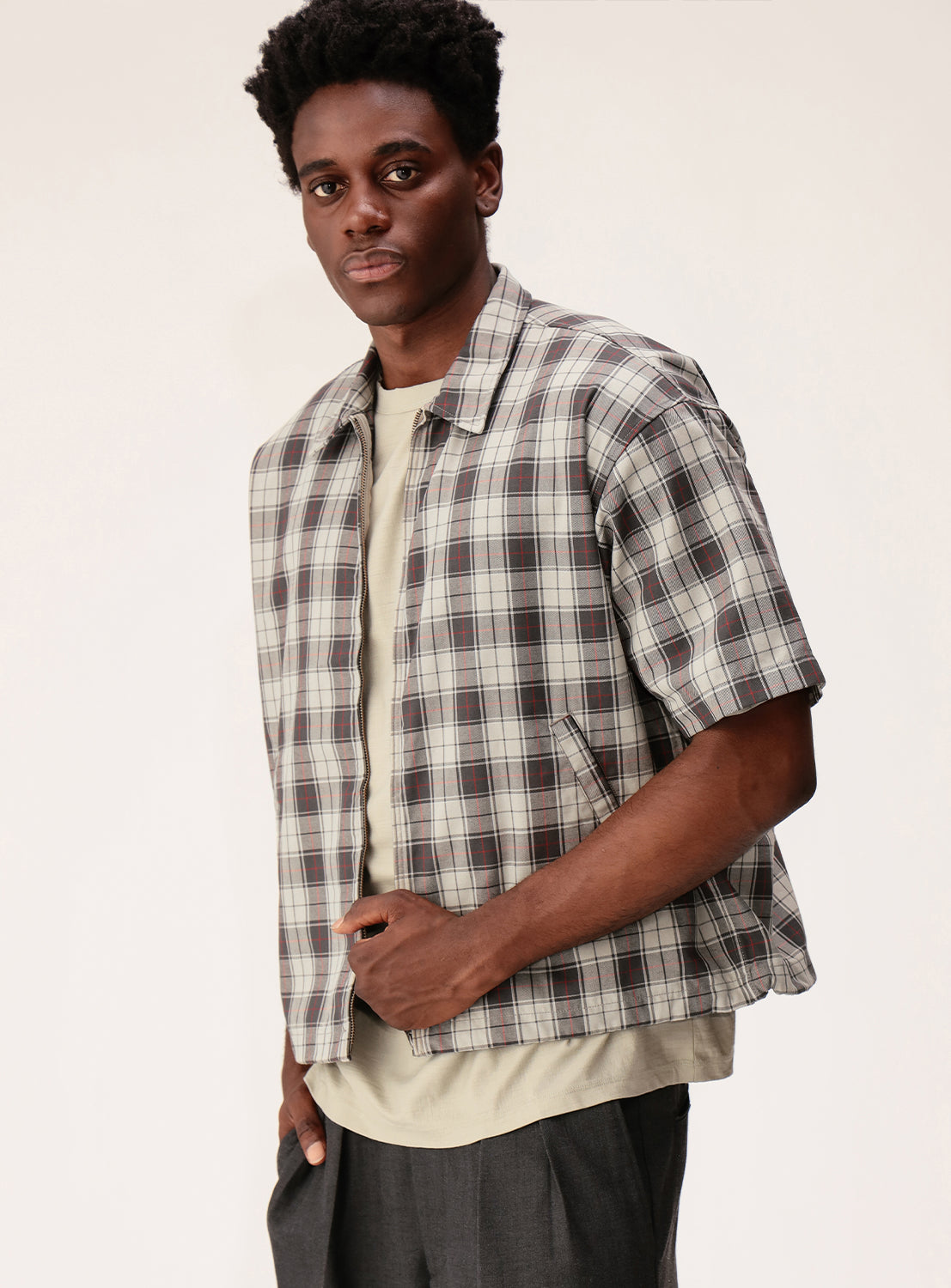 Puckered Tartan Check Zip-Up Shirt