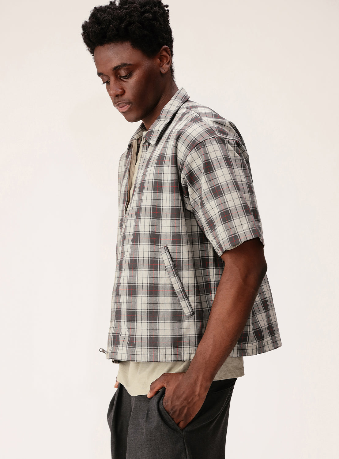 Puckered Tartan Check Zip-Up Shirt