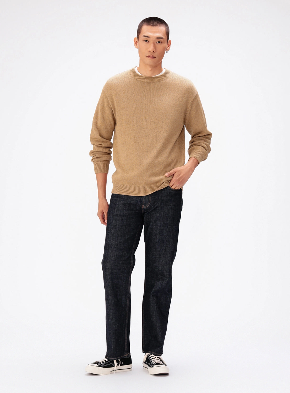 Tan 7-Gauge Washi Crew Neck knit sweater in a relaxed silhouette.