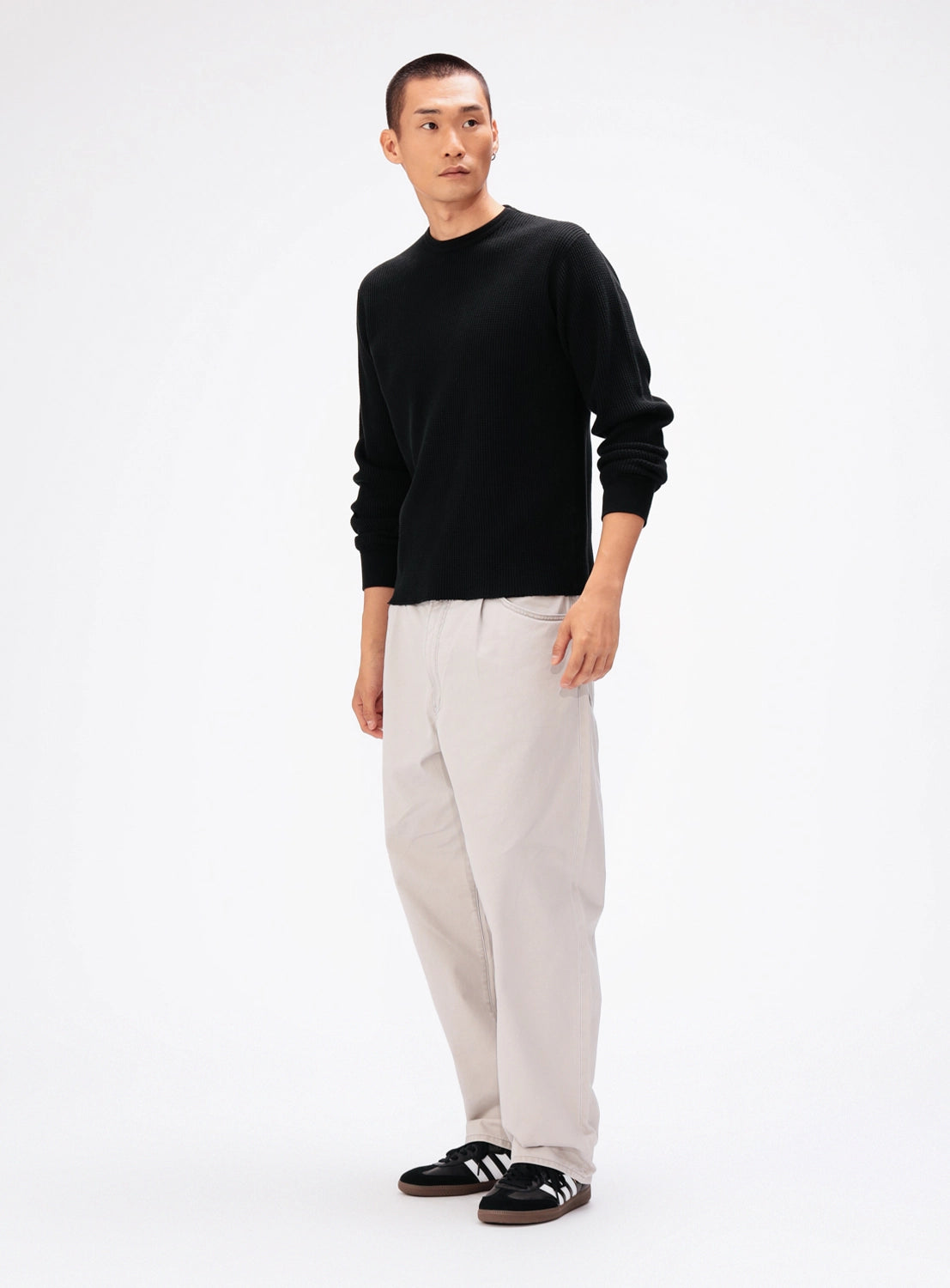 Black BEAMS Thermal Crew Neck sweater in textured waffle fabric with long sleeves.