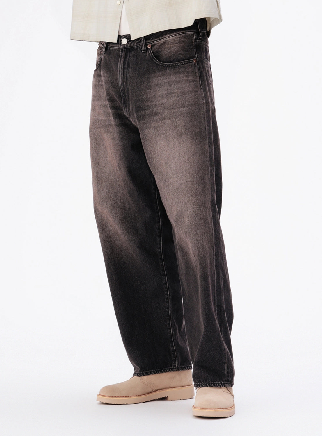 BEAMS Wide Fit Denim Pants in charcoal grey with a faded-wash, straight-leg design.