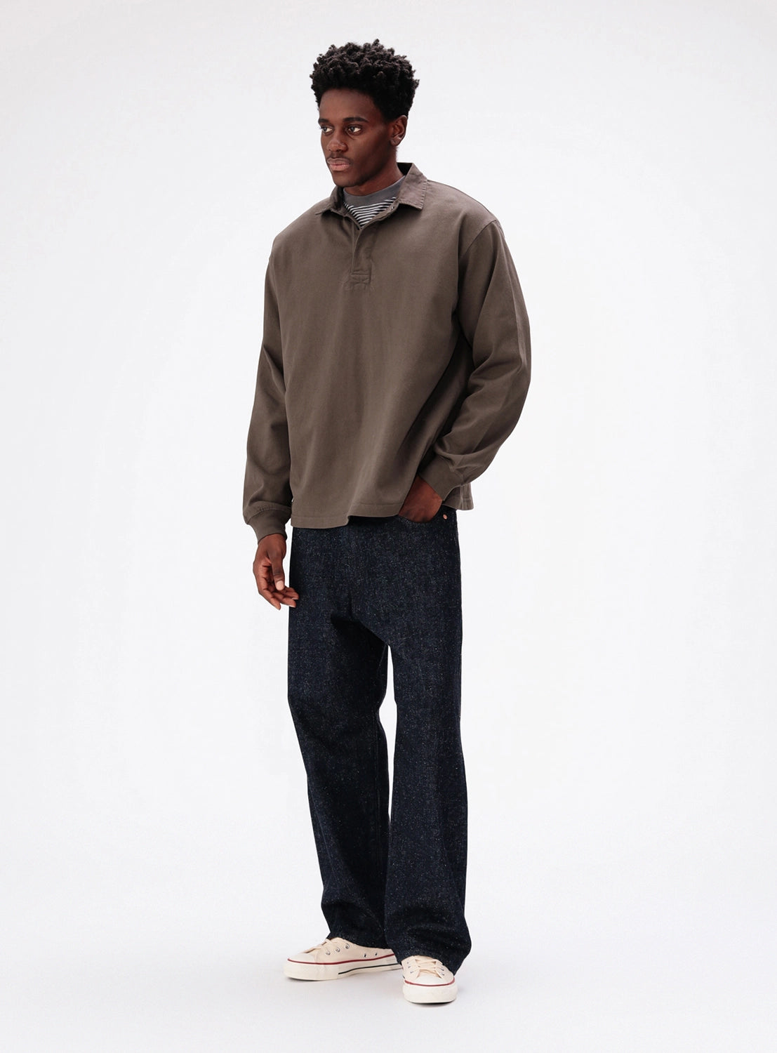 Brown garment-dyed rugby shirt.