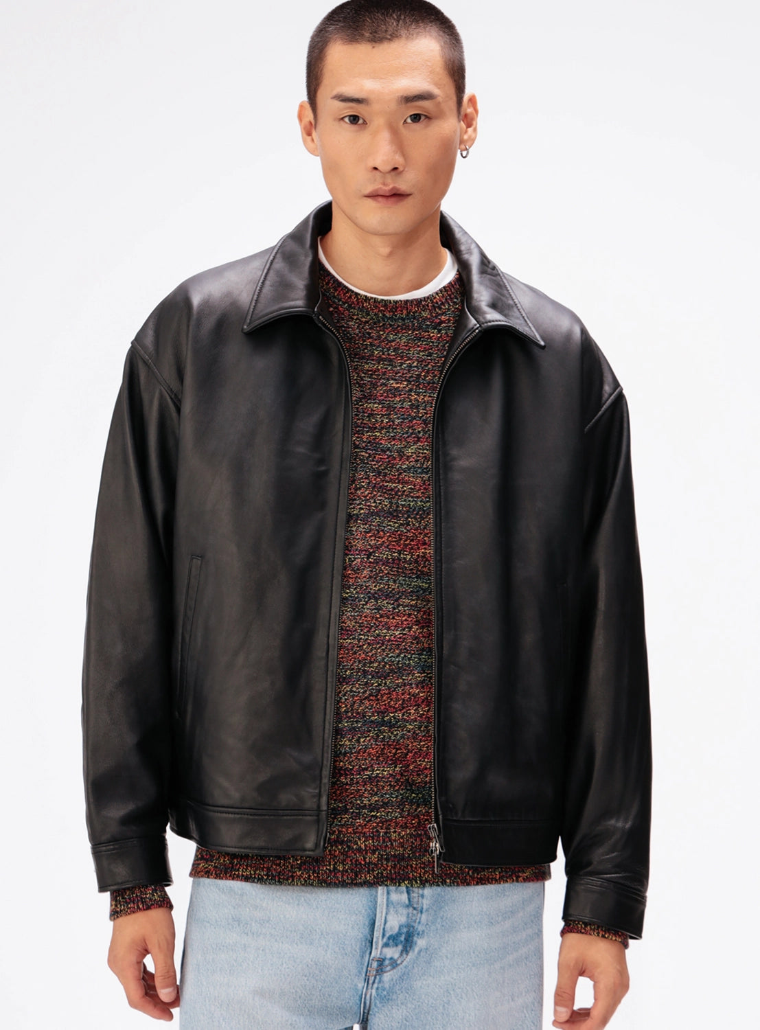 BEAMS black sheep leather zip jacket with a wide fit and pointed collar.