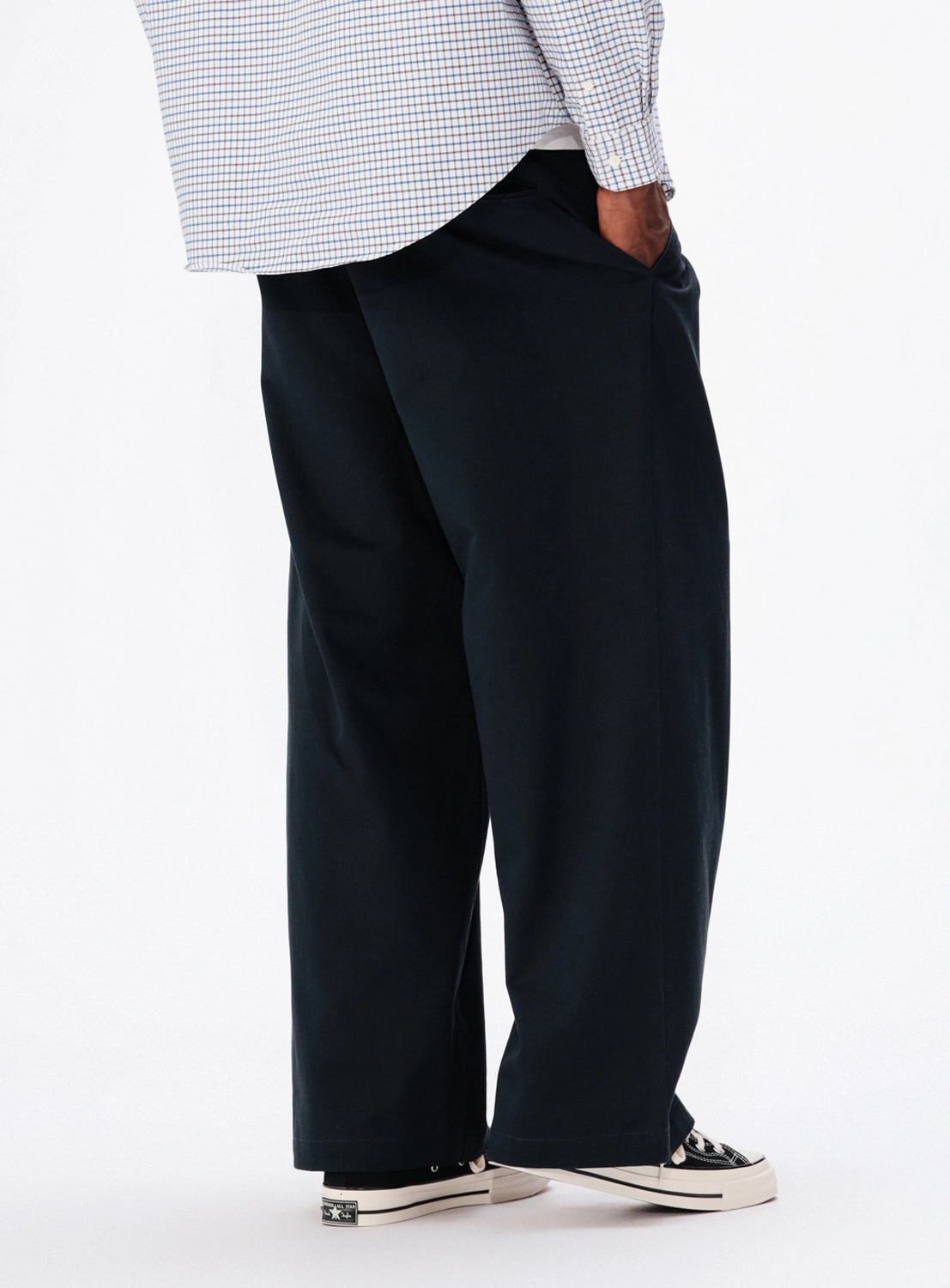 BEAMS Black New Wide Chino Pants with wide-leg cut and drawstring waist.