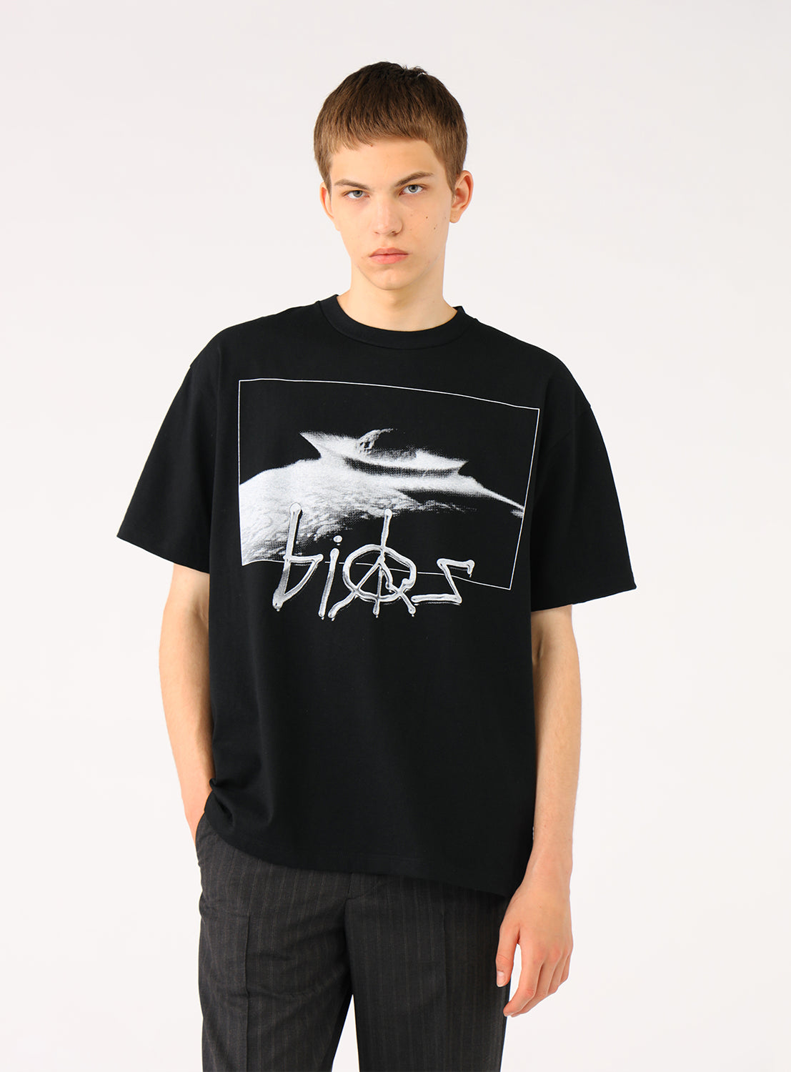 Model wearing a black t-shirt with a meteor graphic and black pants, front view, displaying casual fit.