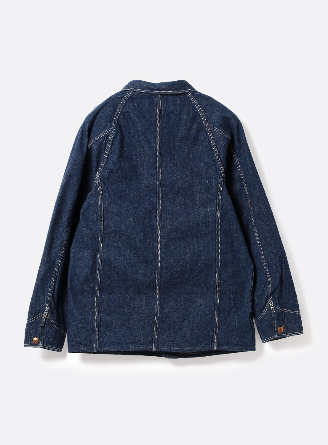 The orSlow 1950 Denim Coverall Jacket is shown from the back in dark blue 9 oz denim, featuring prominent white stitching and buttoned cuffs. It is laid flat against a plain white background and is meticulously crafted in Japan.