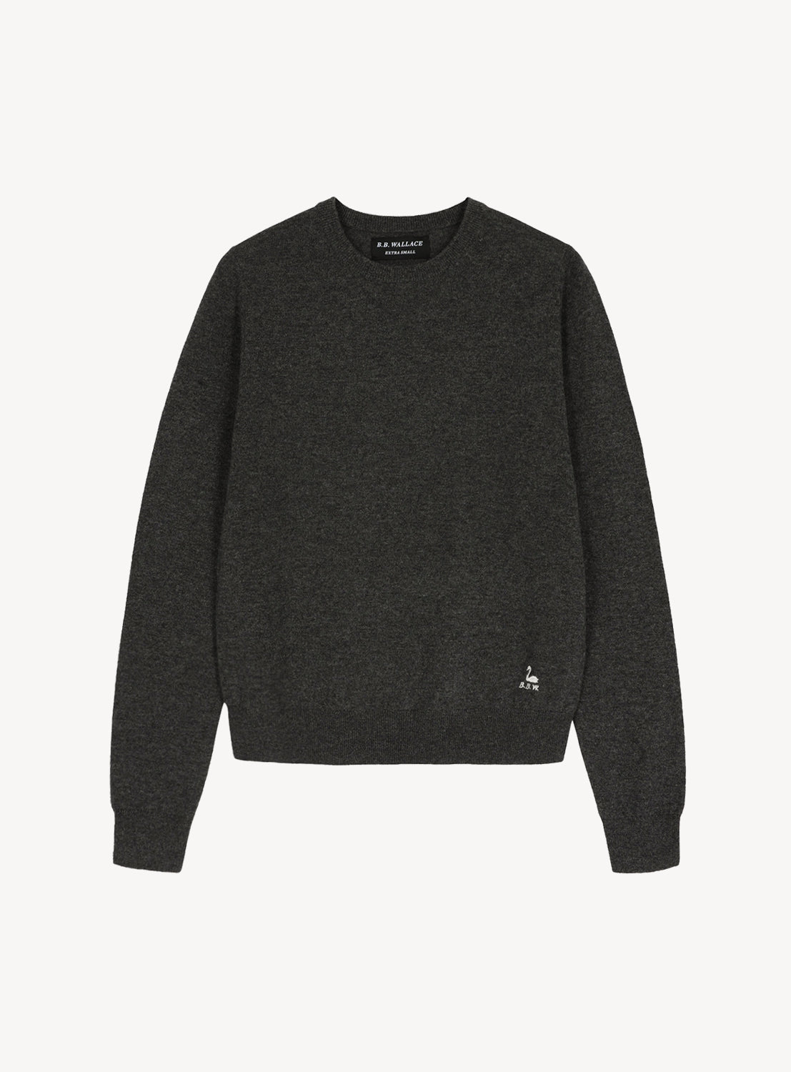 Dark gray sweatshirt with a small logo on a white background