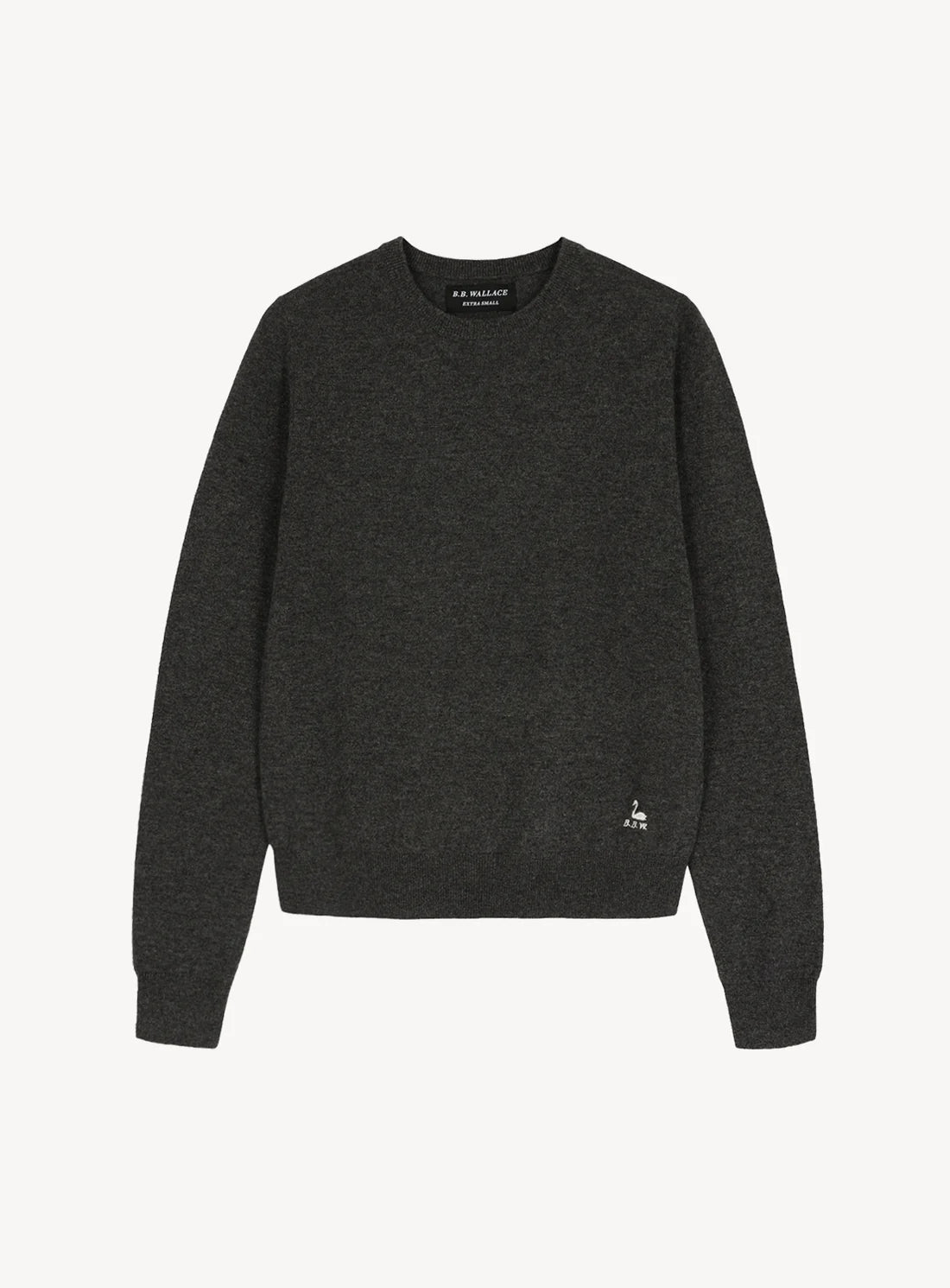Charcoal grey crewneck sweater with a small white swan embroidery and B.B.W. text above the bottom hem.