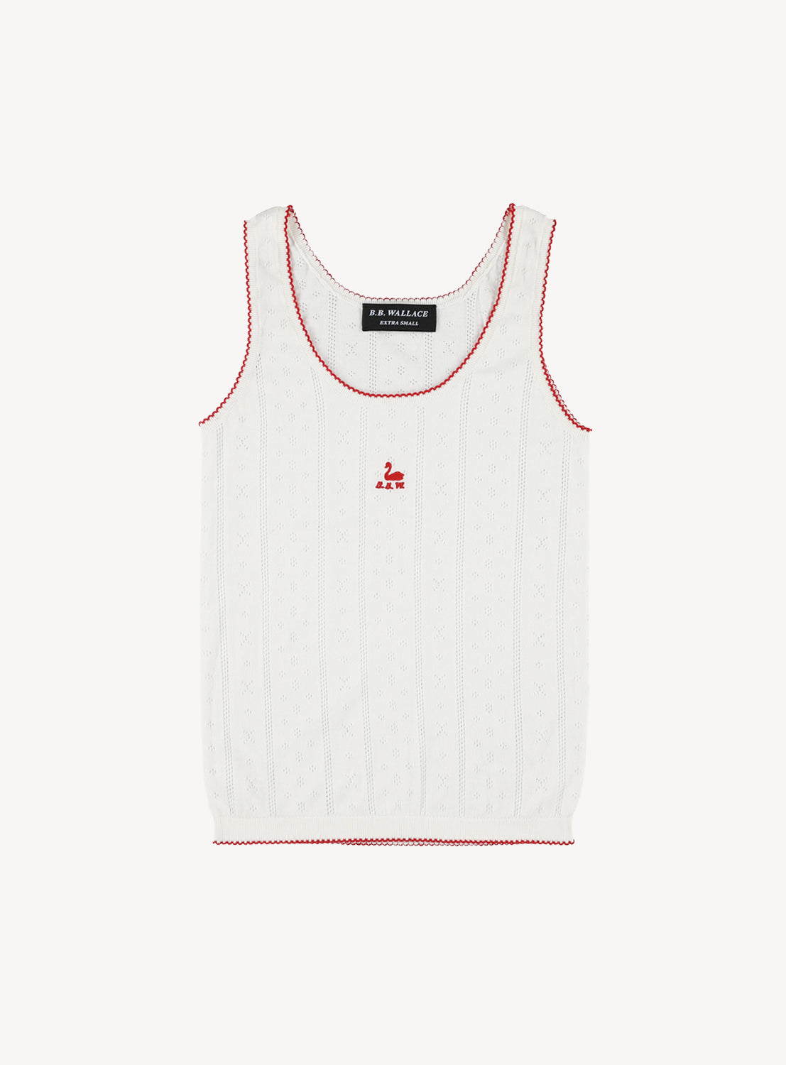 White tank top with red trim on a white background