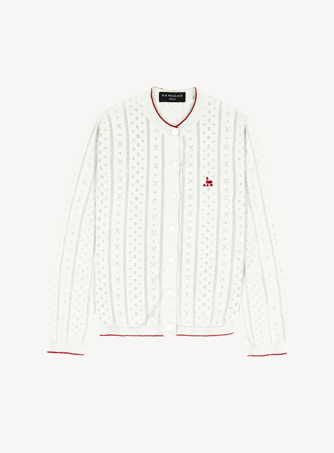 White long-sleeve shirt with red accents on a white background