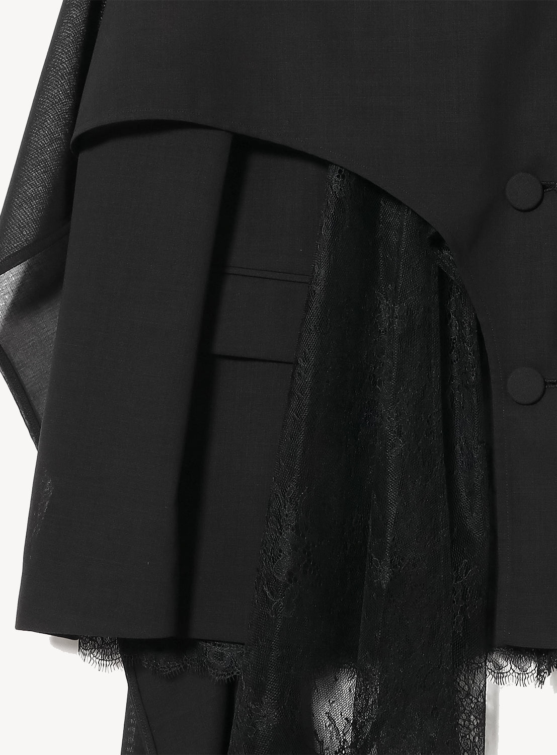 A close-up of a black garment, showing details of a button placket, sleeve, and dark lace trim.