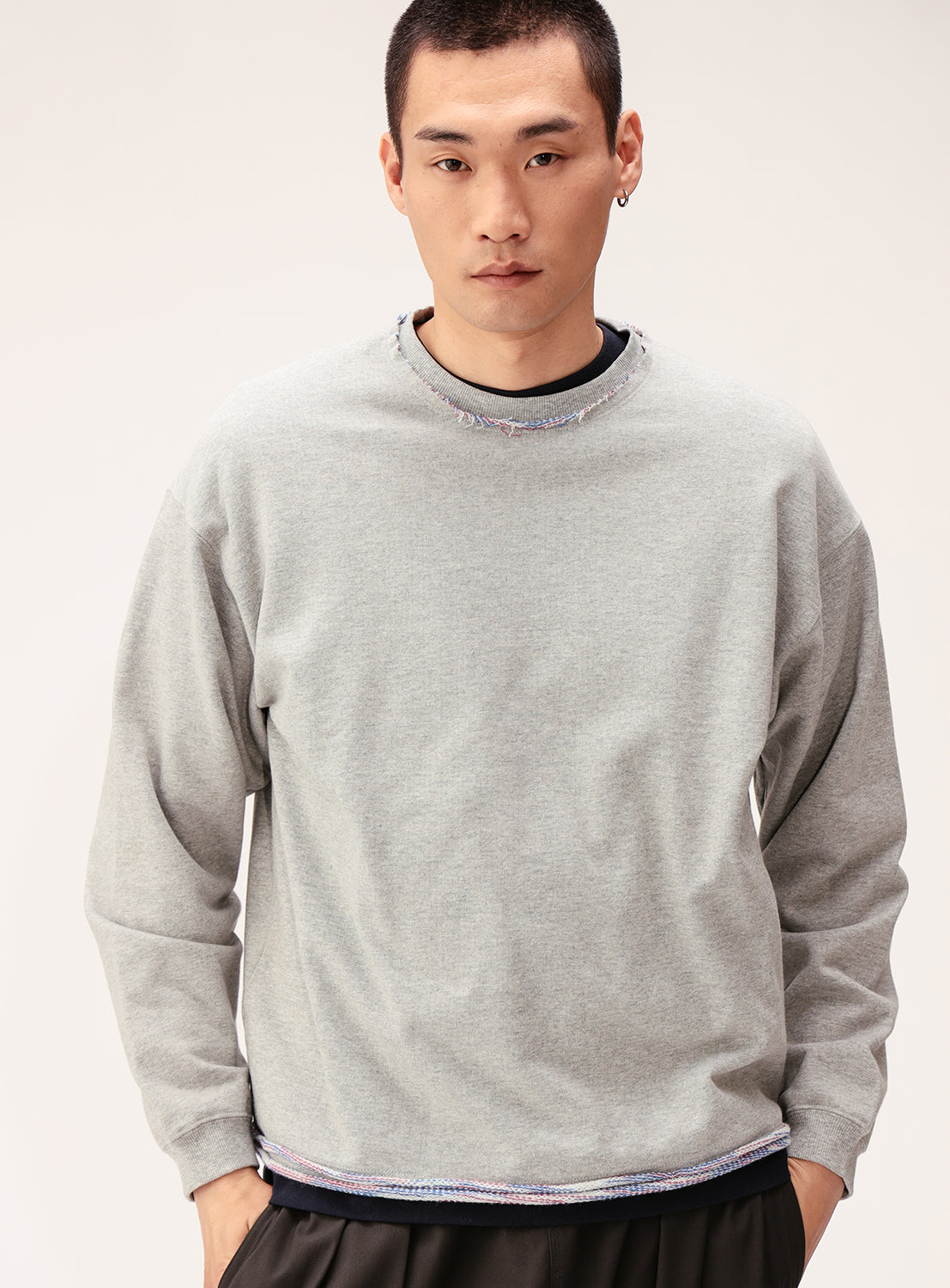 Kasuri-Dyed Cut-Off Crew Neck Sweatshirt
