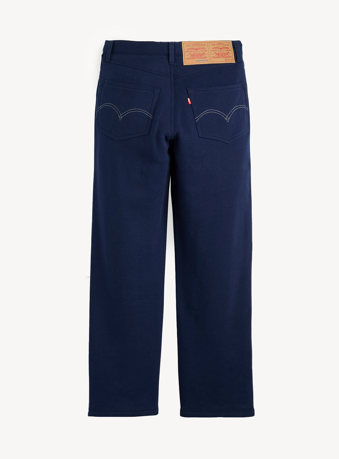 Back view of dark blue Levi’s® x BEAMS x Loopwheeler Superwide Pants with pockets and red tab.